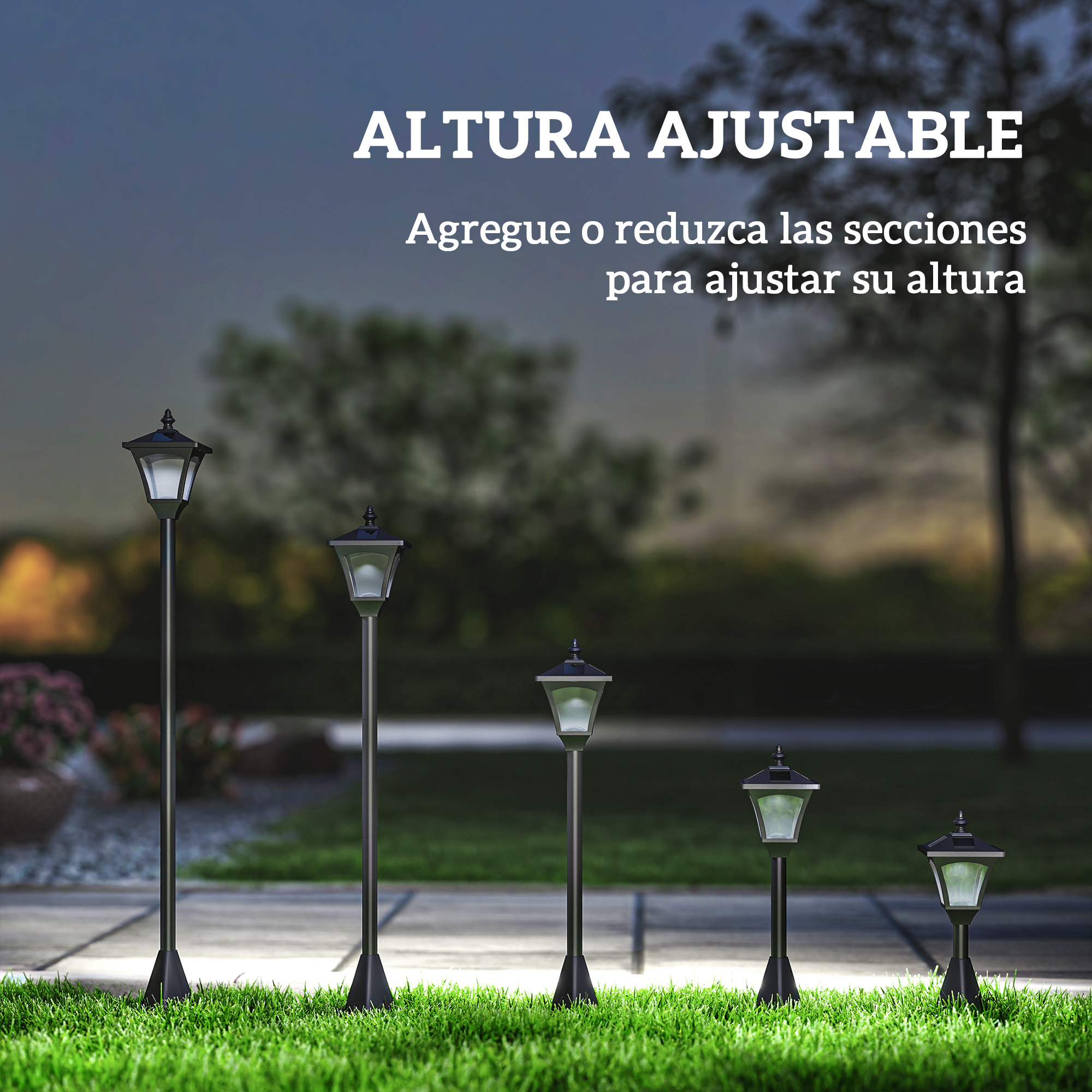Cinco farolas de diferentes alturas sobre césped, con texto.