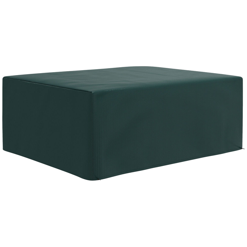 Un otomana rectangular verde oscuro con cubierta de tela y textura visible.