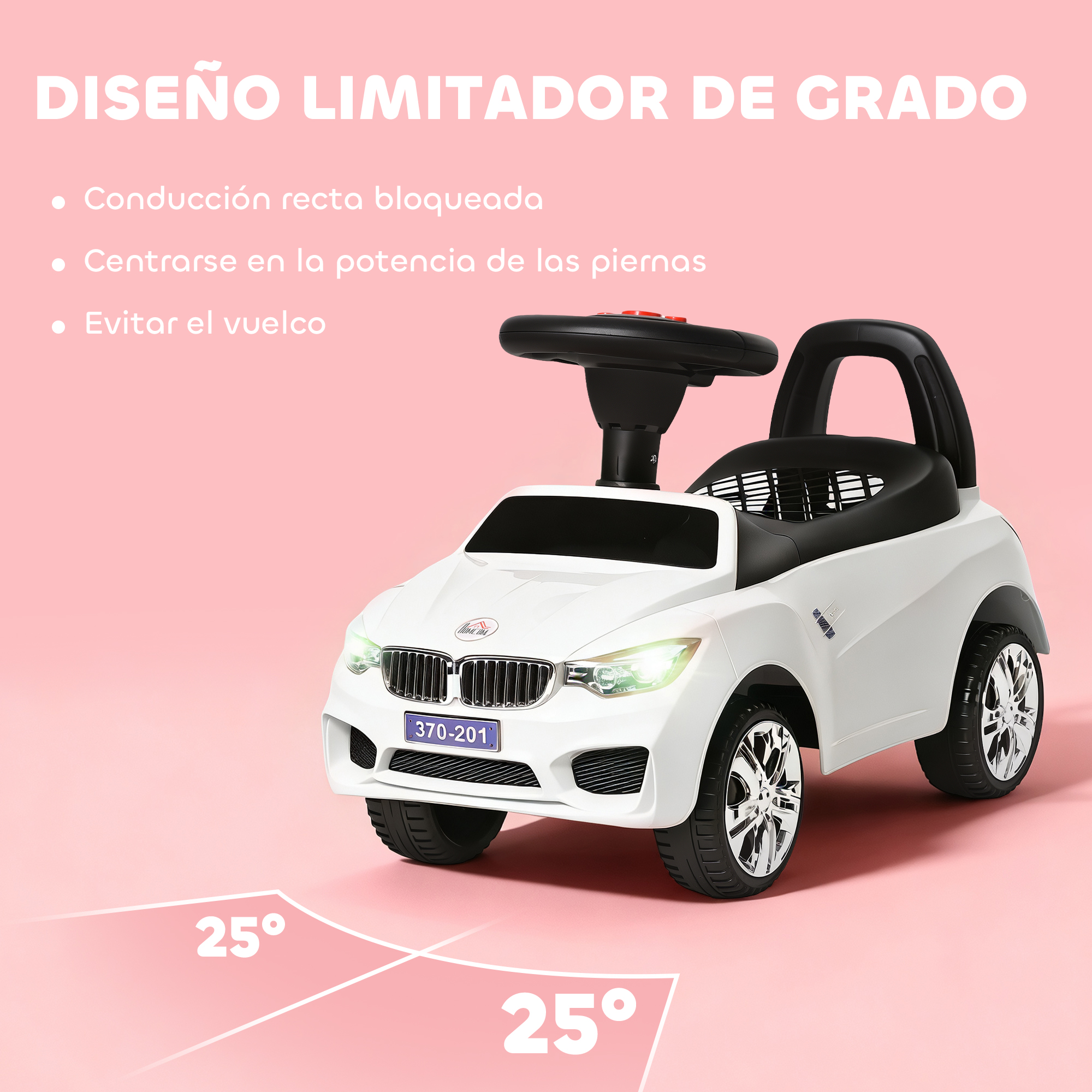 Un coche de juguete blanco con volante y asiento sobre fondo rosa.