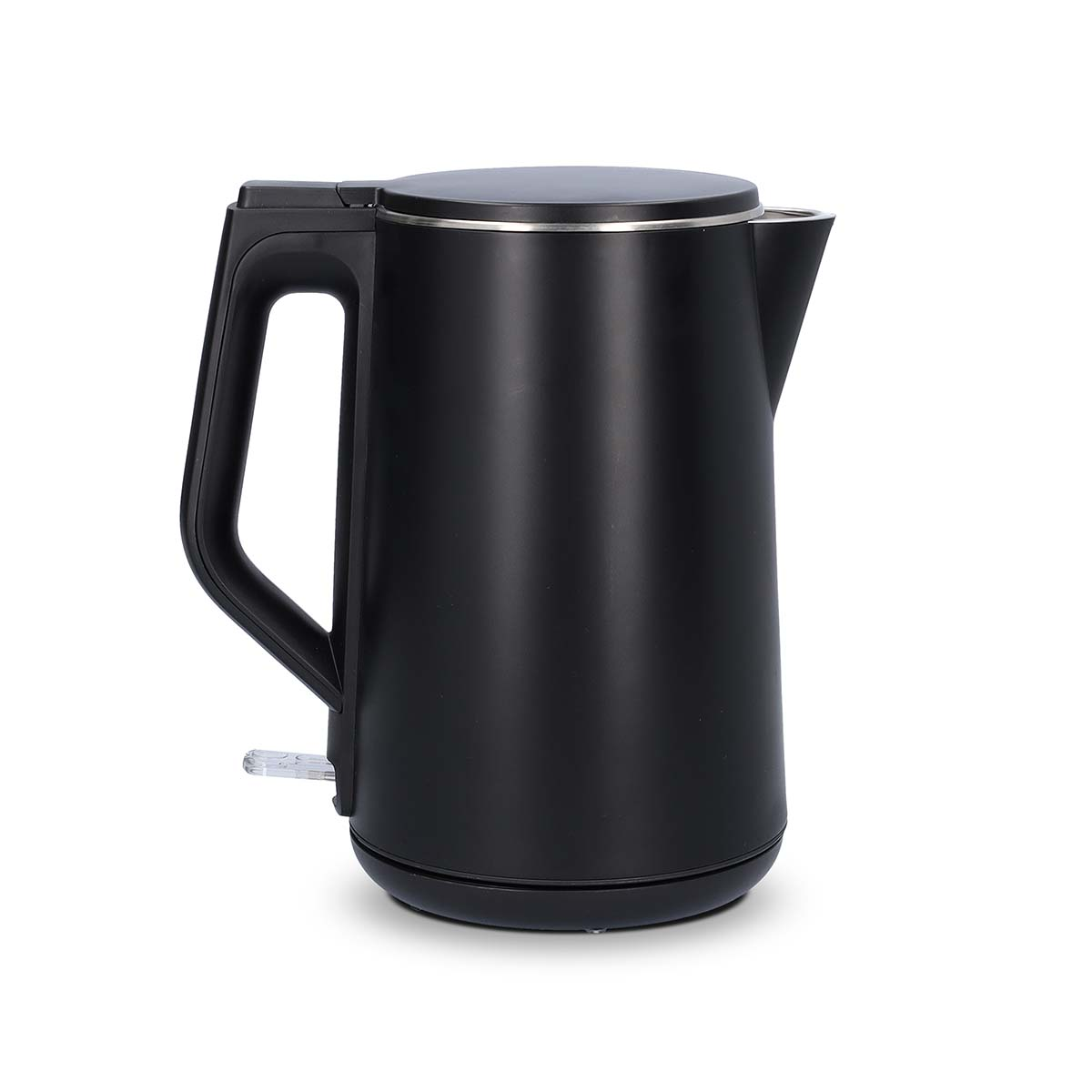 Een zwarte, matte waterkoker met een zilveren rand en handvat.