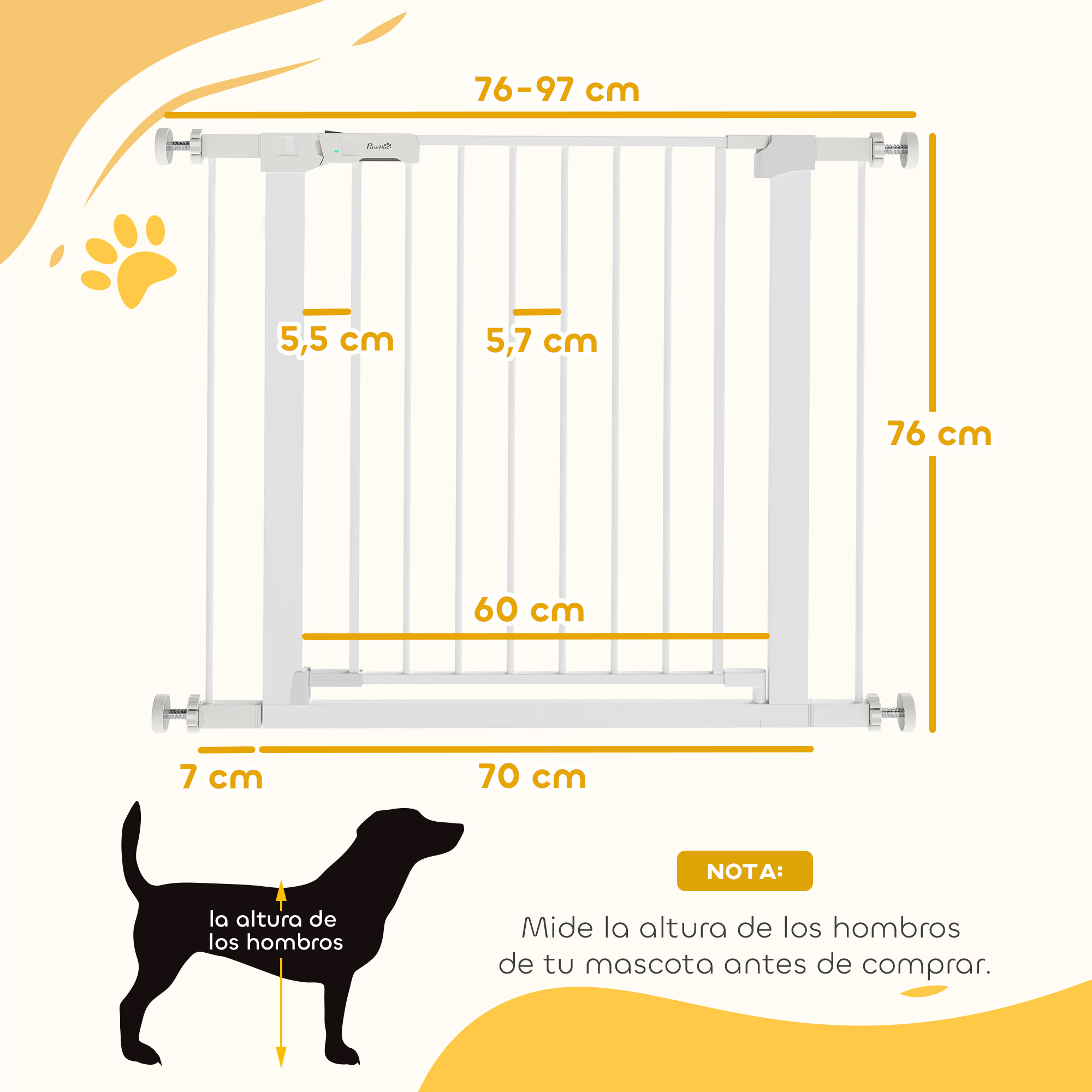 Una puerta blanca para mascotas con medidas: 76-97 cm ancho, 76 cm alto.