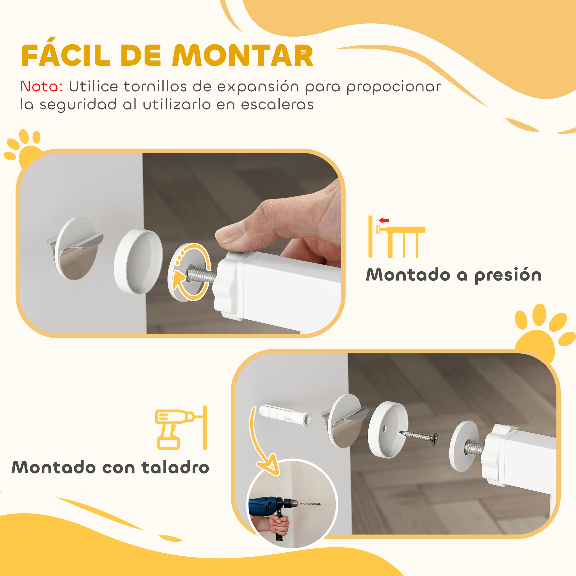Instrucciones para montar una barandilla blanca con tornillos o a presión.