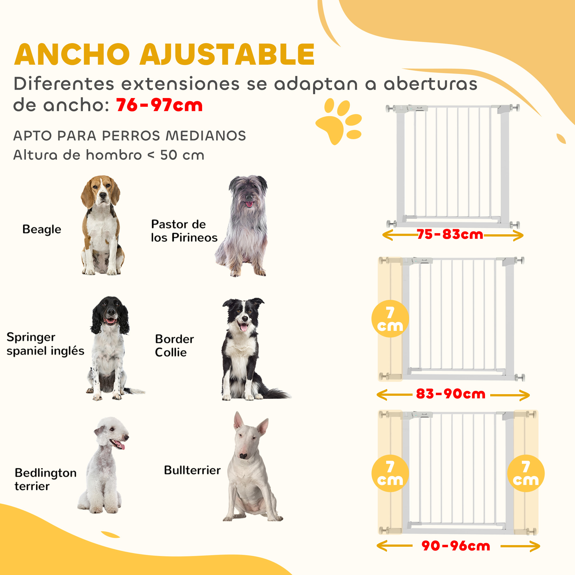 Puerta para mascotas ajustable de 76-97cm. Muestra varias razas de perros.