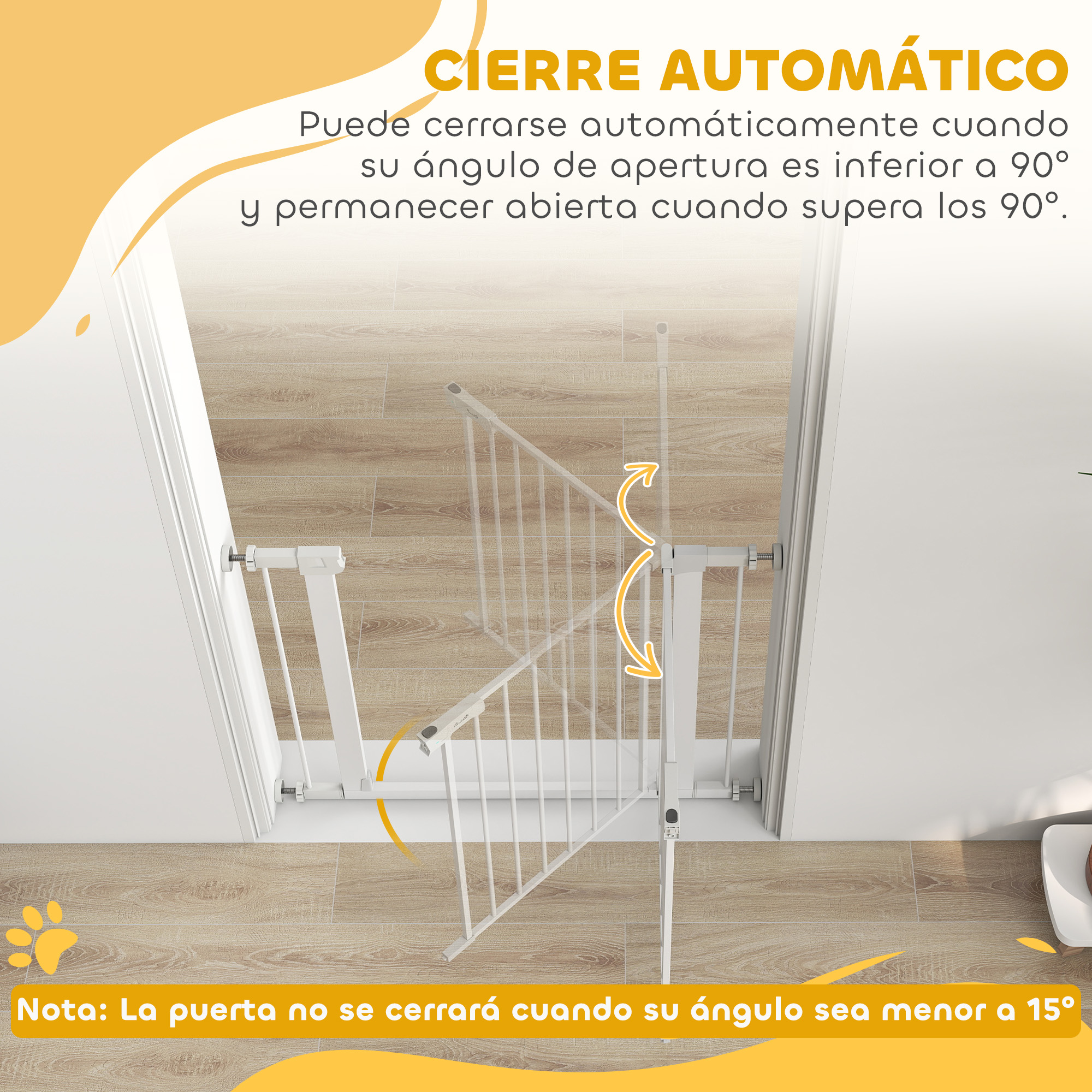 Una puerta de seguridad blanca se cierra automáticamente en ángulos menores a 90°.