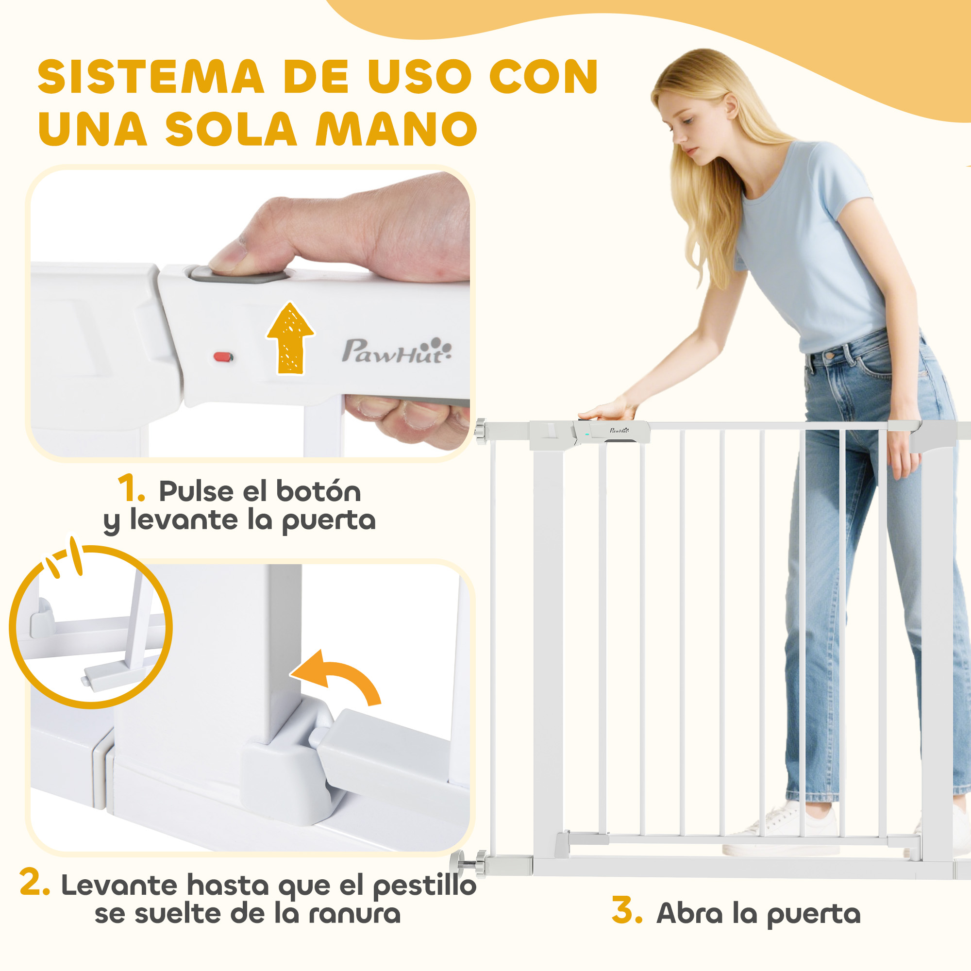 Mujer abre barrera blanca con operación de una mano.