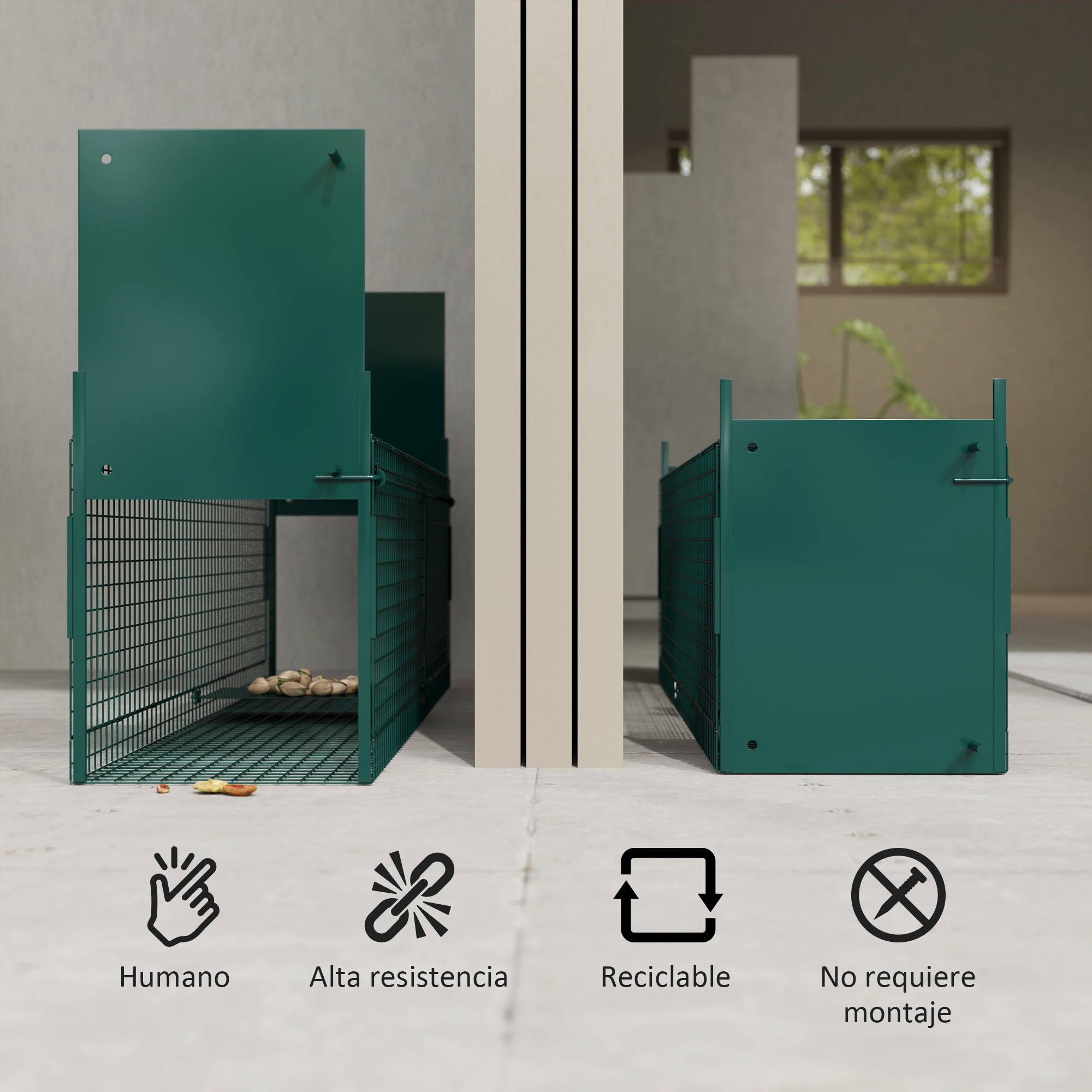 Jaulas de alambre verdes con puertas en suelo de hormigón, con iconos humano, duradero, reciclable.