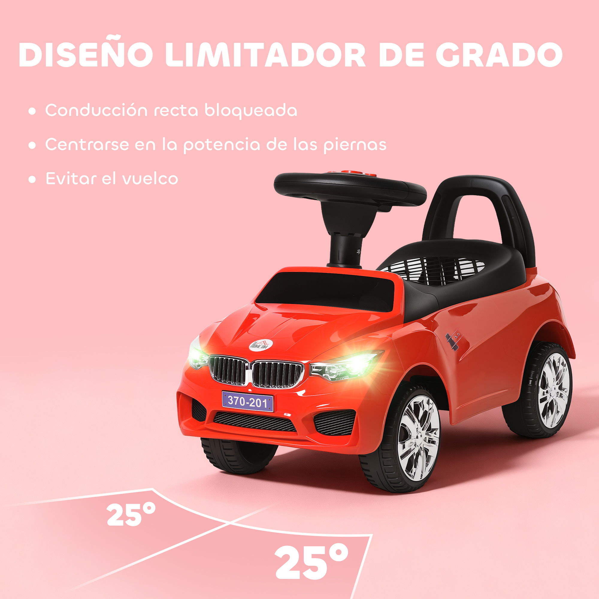 Un coche de juguete rojo con volante y asiento negros sobre fondo rosa.