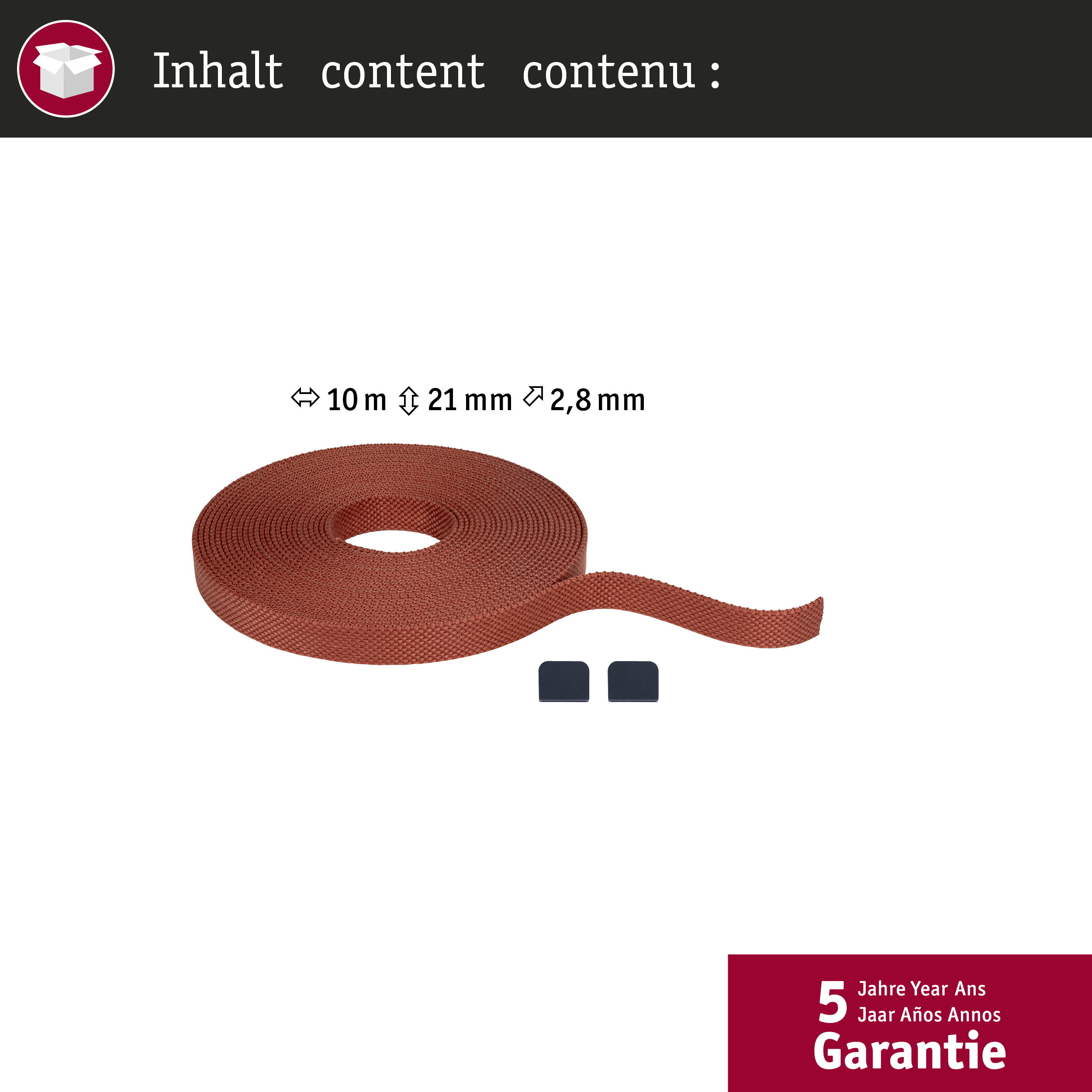 Rotes Gurtband aufgerollt mit Maßen 10m, 21mm, 2,8mm.