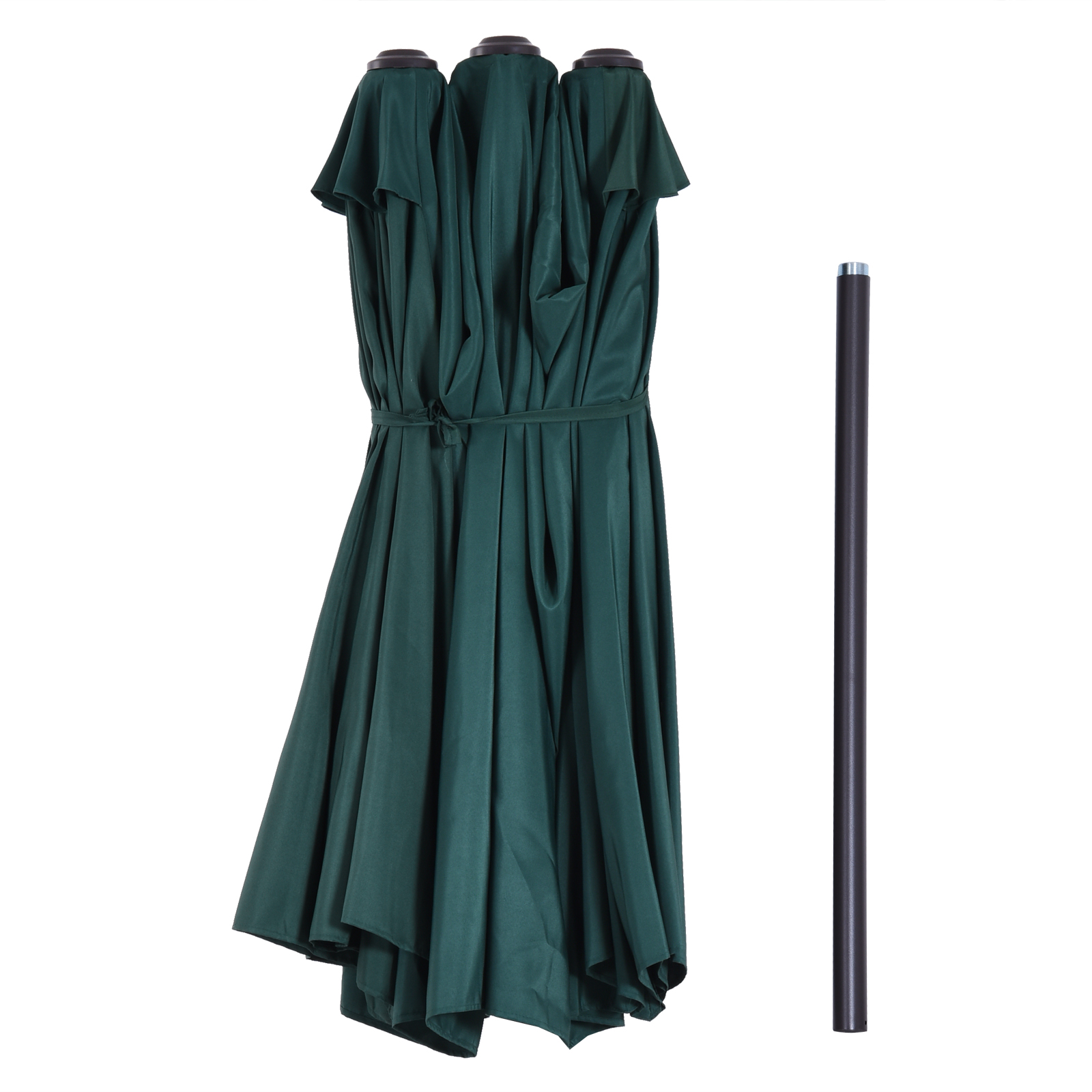 Tessuto ombrello verde scuro legato con un palo scuro separato.