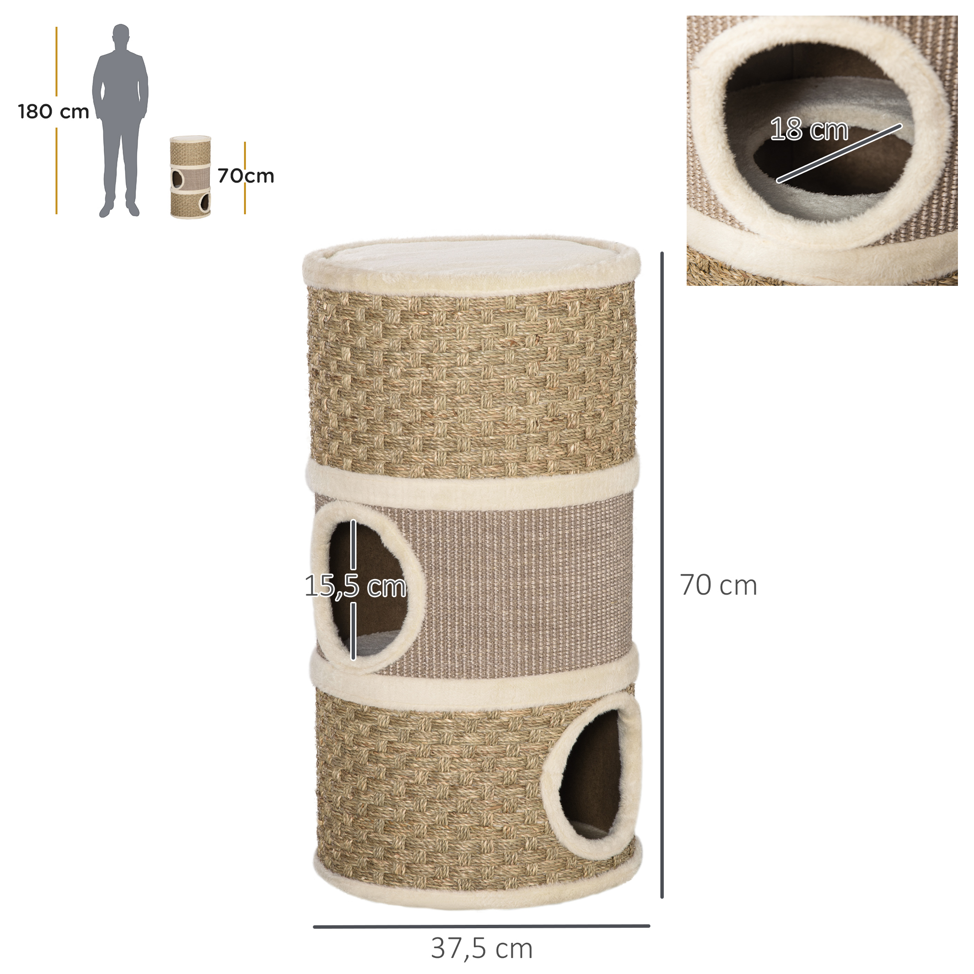 Un árbol para gatos alto y cilíndrico con tres niveles, texturas tejidas y borde suave. Incluye dimensiones.