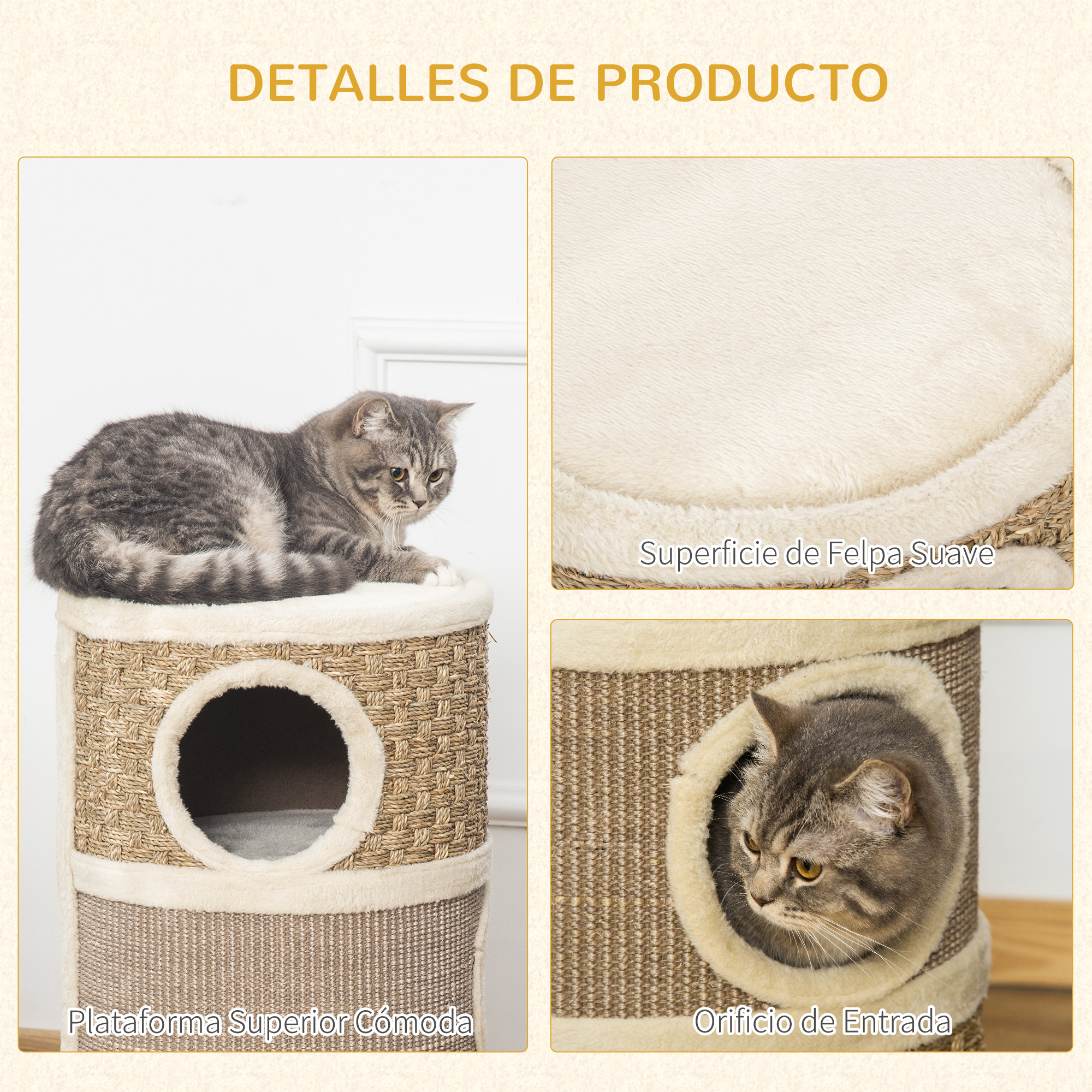 Un gato descansa en un árbol para gatos de tres niveles con entrada. Cubierto de sisal y felpa.