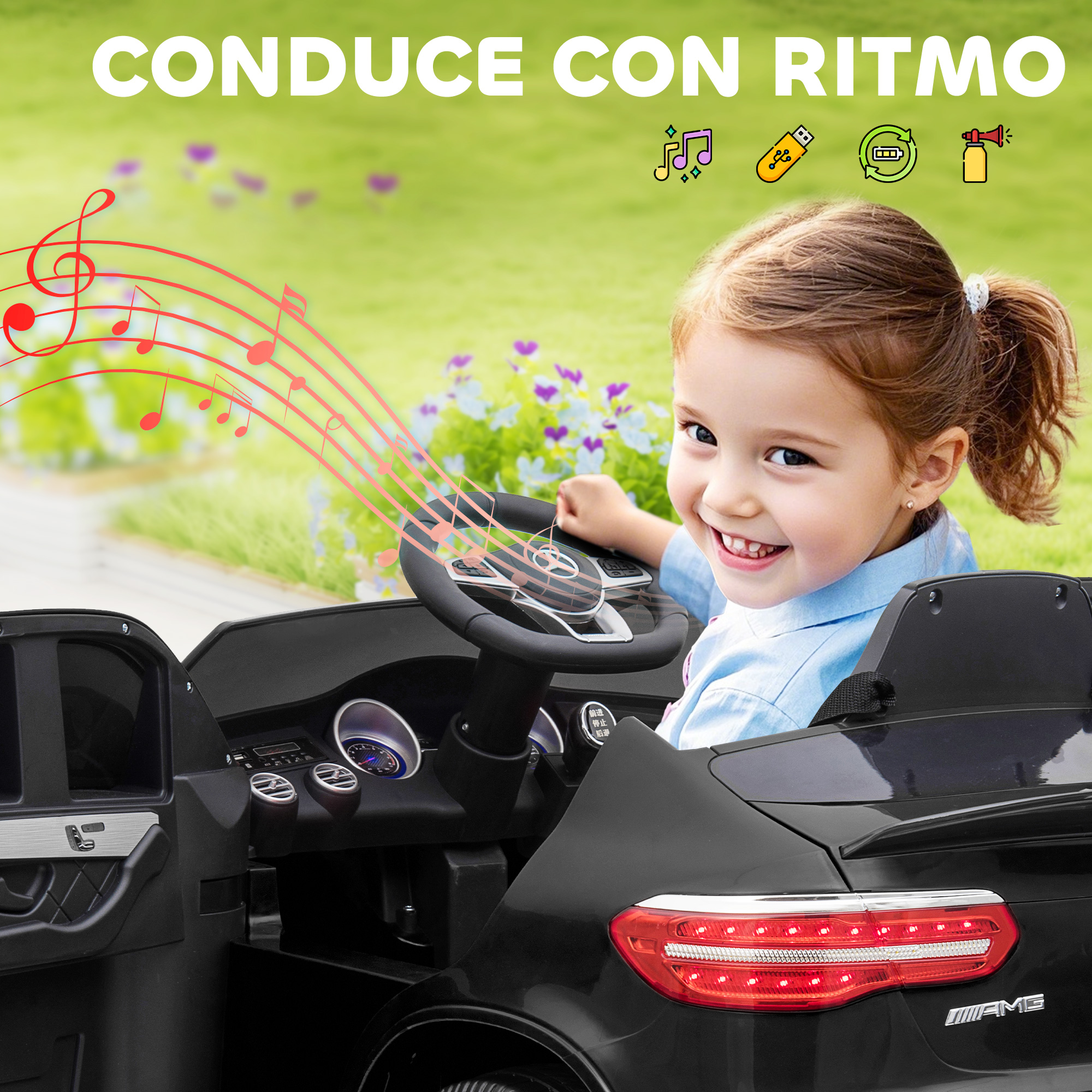 Niña sonriendo en coche de juguete con notas musicales. Dice "Conduce con ritmo".