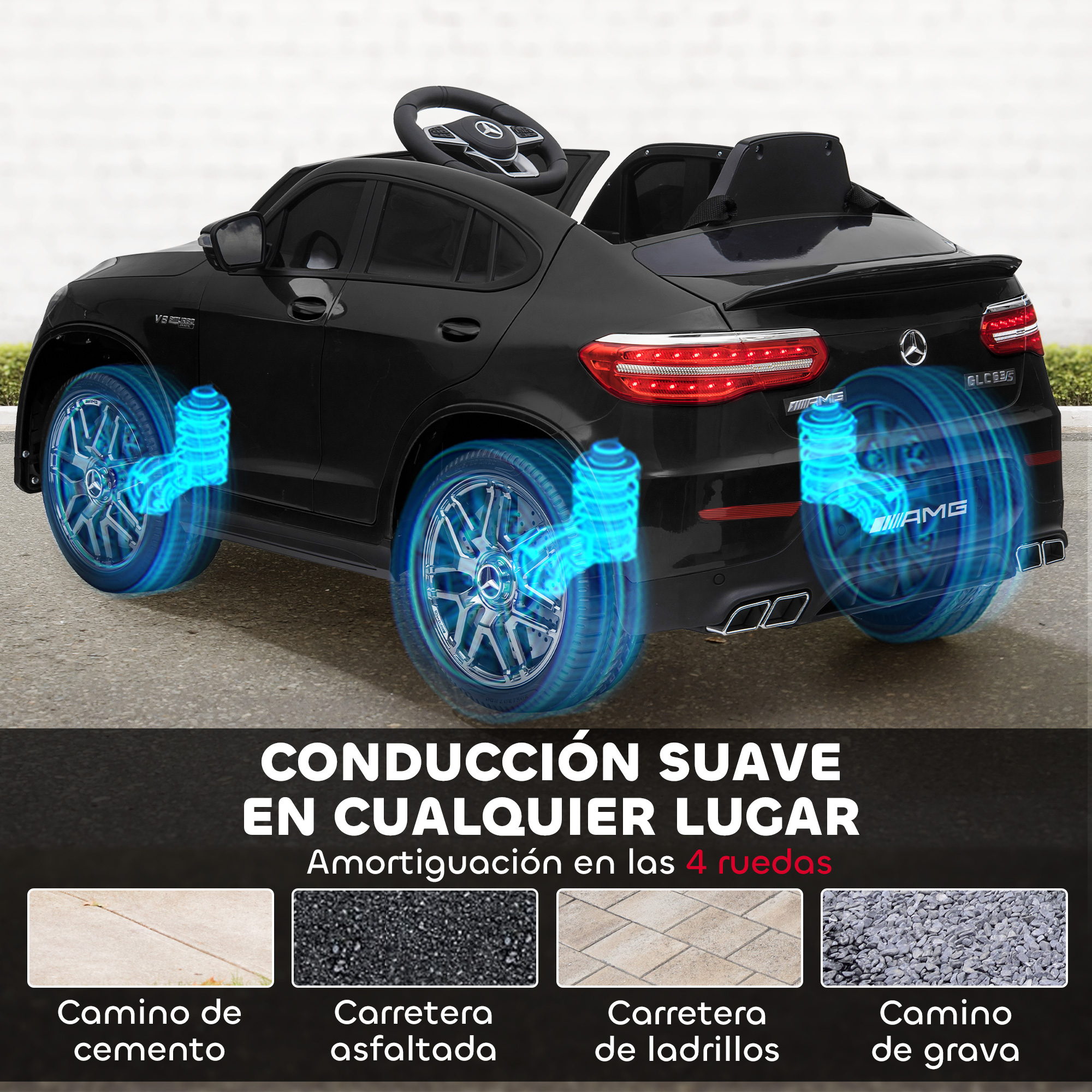 Coche eléctrico negro con efectos de suspensión azules brillantes en las ruedas.