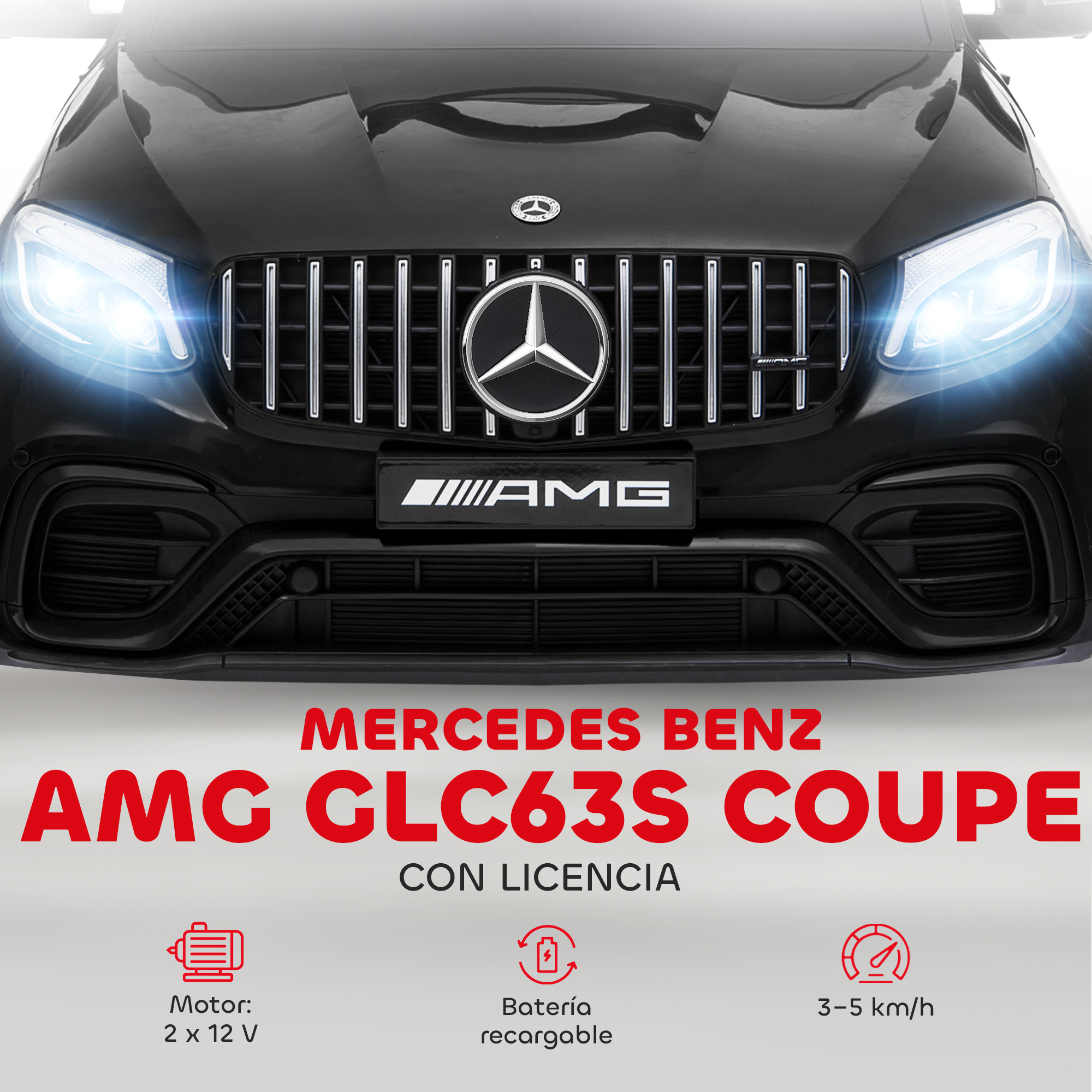 Vista frontal de un Mercedes-Benz AMG GLC63S Coupé negro con faros encendidos.