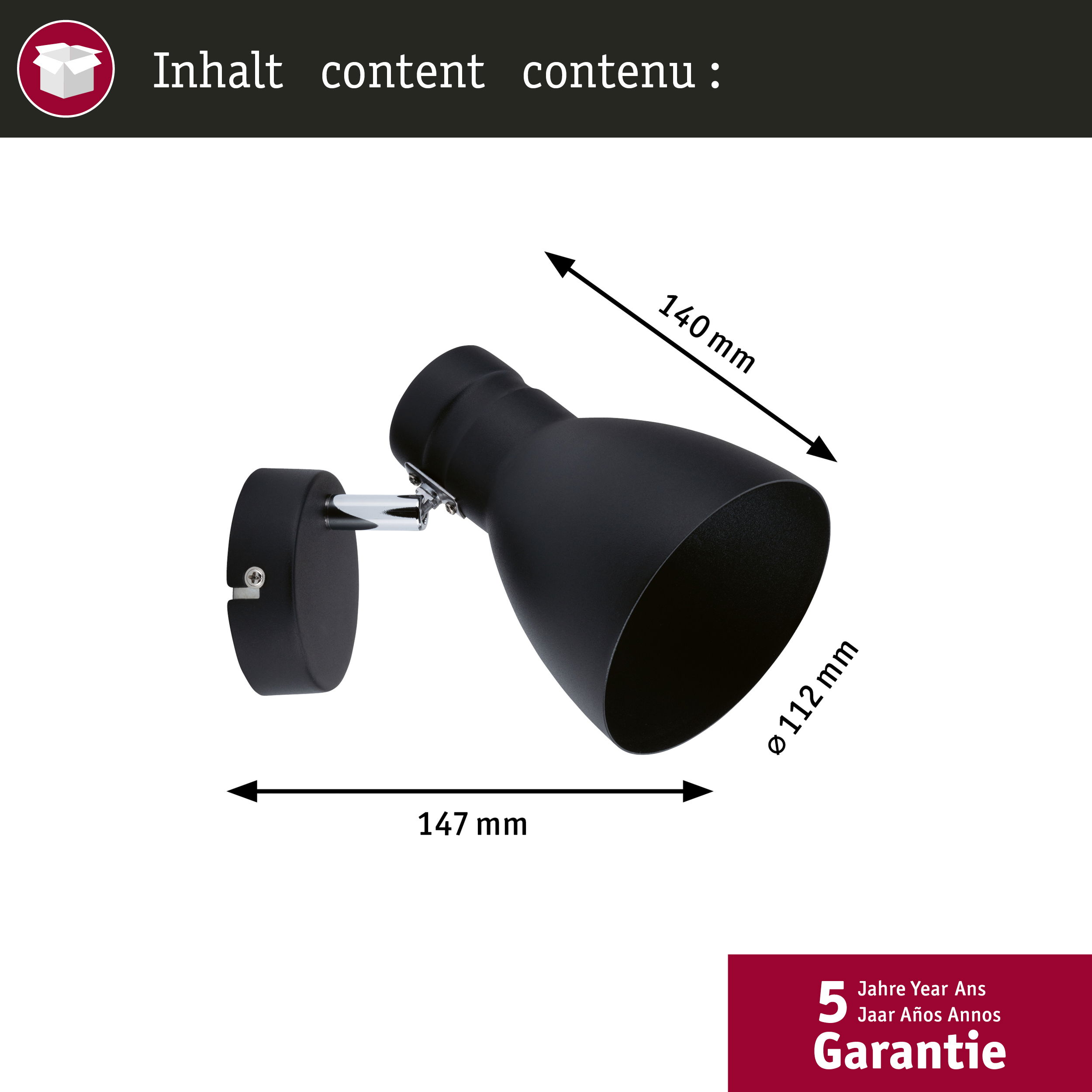Czarny reflektor ścienny o wymiarach 147mm szerokości, 140mm wysokości, 112mm średnicy.