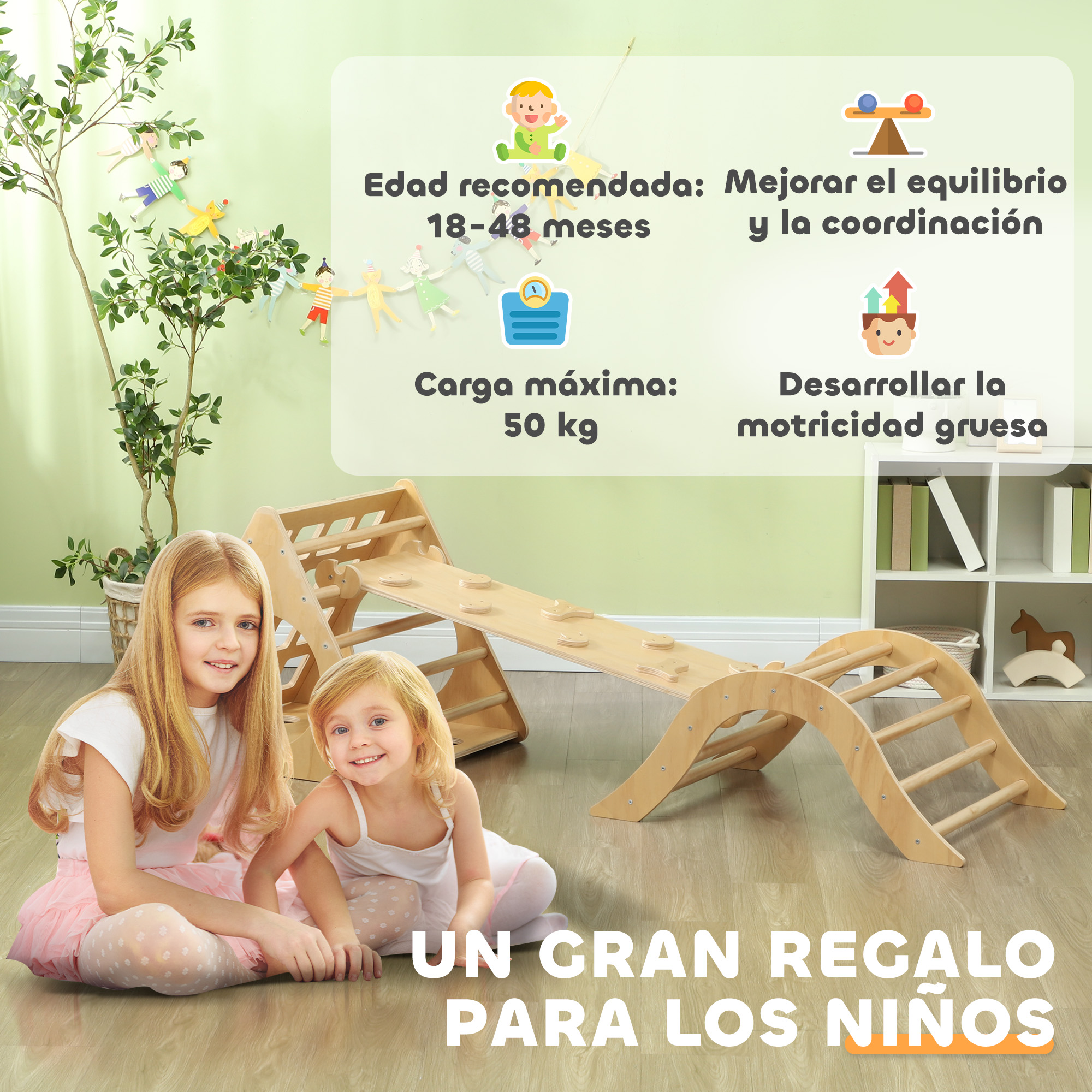 Dos niñas sentadas ante un gimnasio de madera con texto sobre edad y peso.