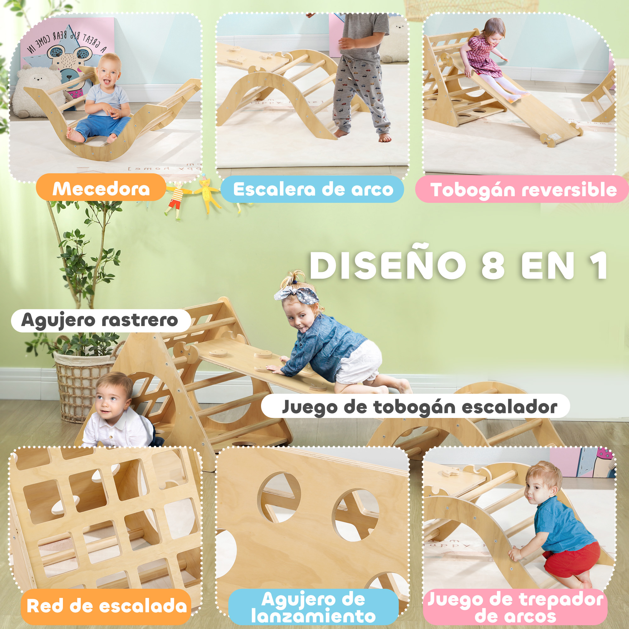 Niños jugando con juguetes de madera: mecedora, escalador, tobogán, red.