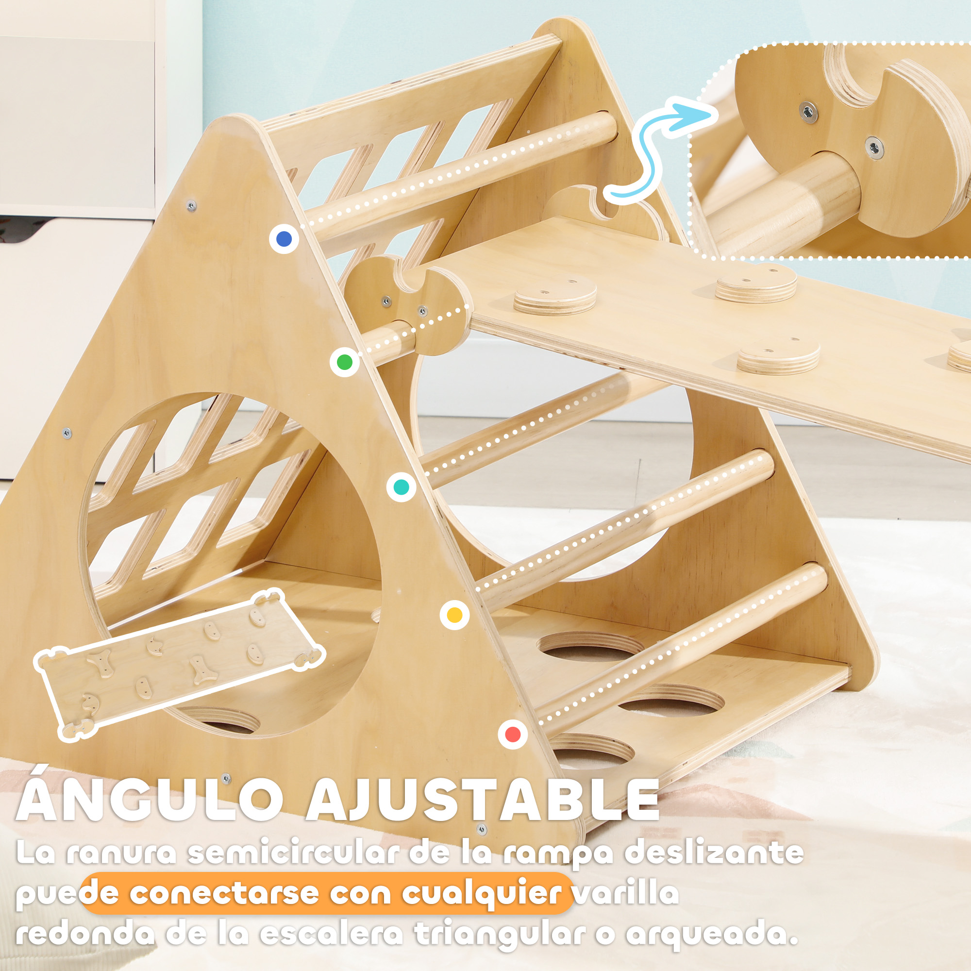 Triciclo de escalada de madera ajustable con rampa y peldaños.