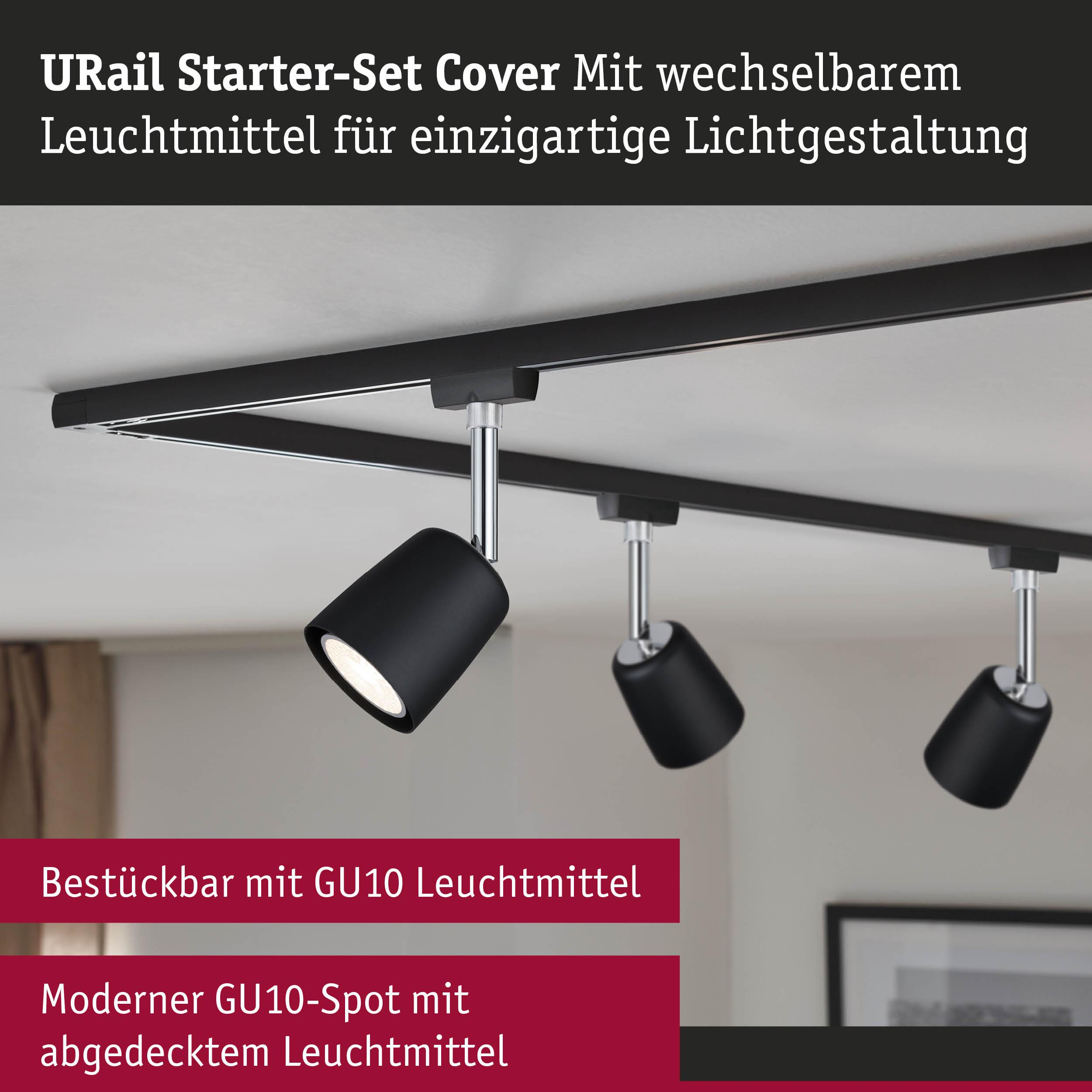 Schwarzes URail Schienensystem mit drei GU10 Spots an der Decke.