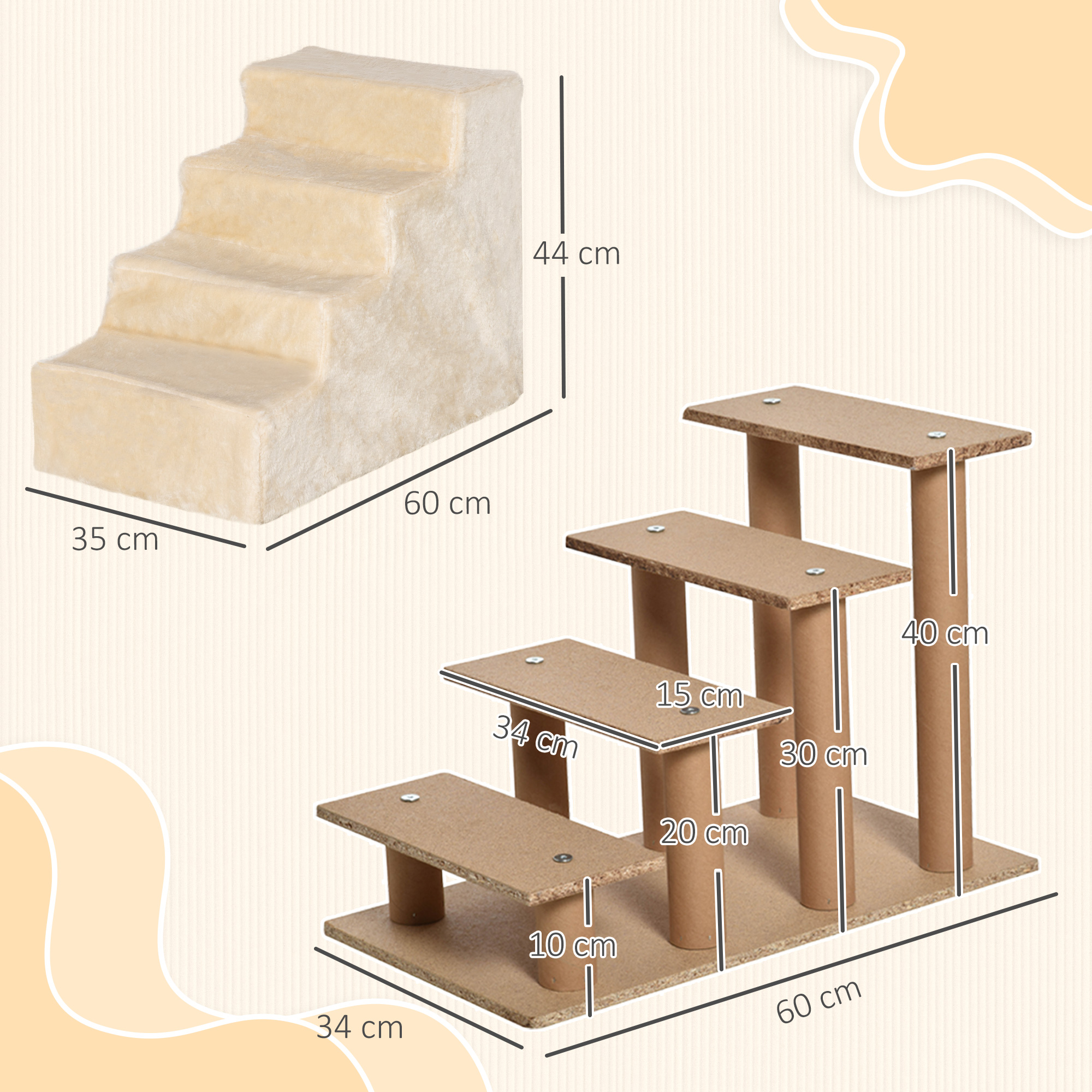 Dos escaleras para mascotas: una de felpa color crema de 4 escalones y una de madera marrón de 4 escalones.