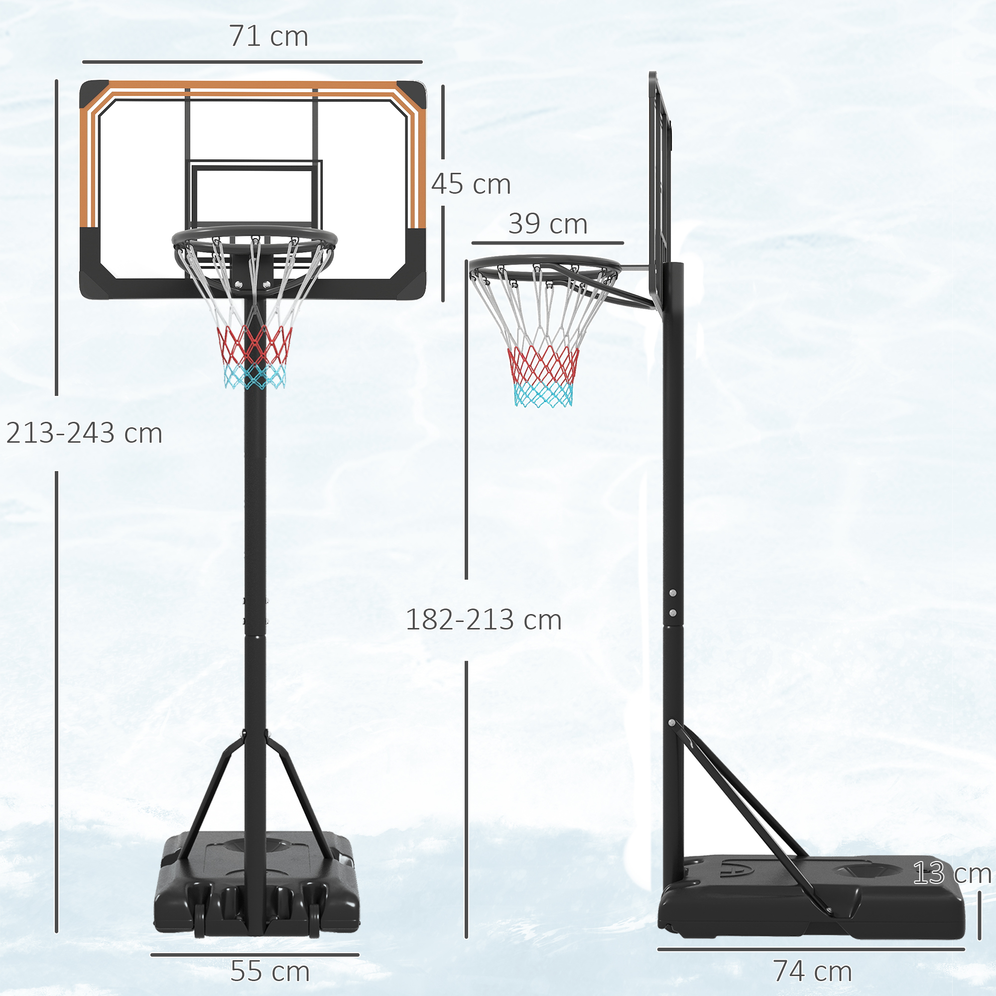 Un aro de baloncesto ajustable con dimensiones, mostrado de frente y de lado.