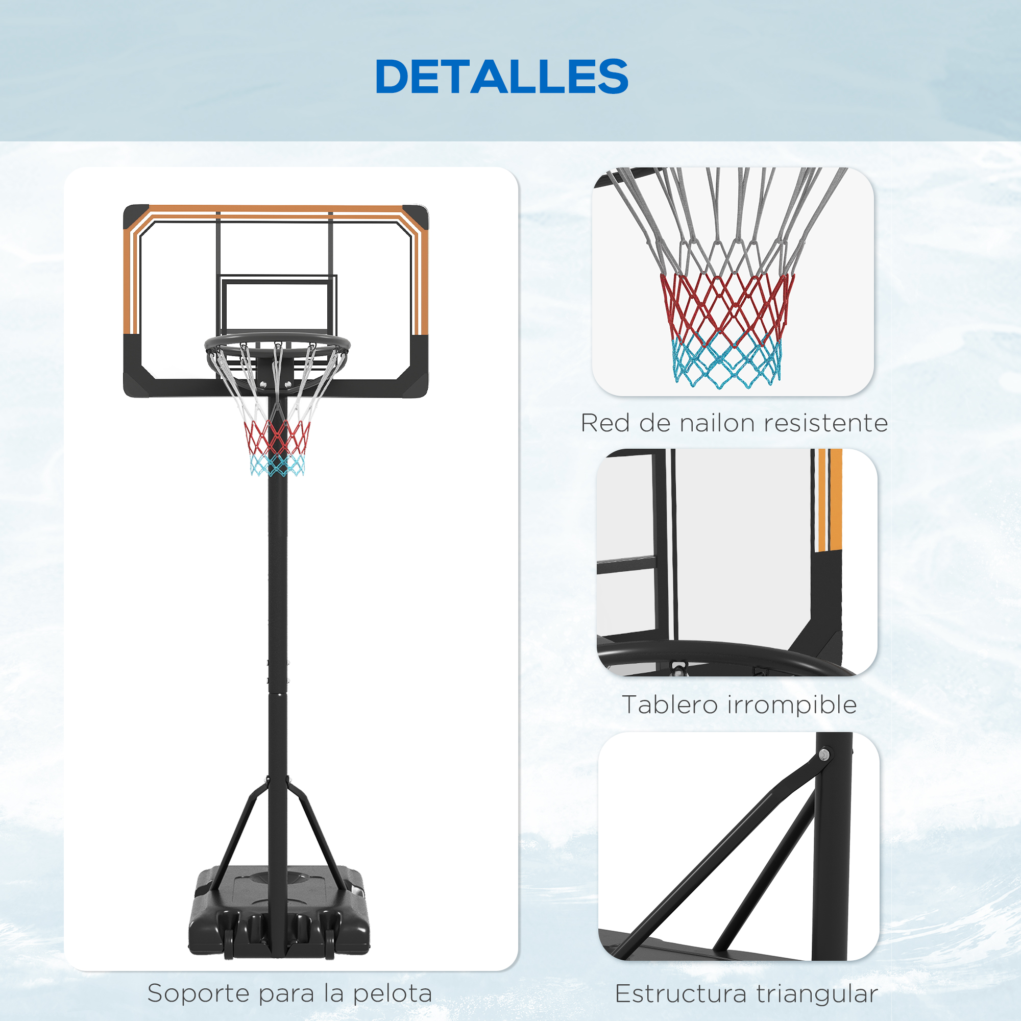 Aro de baloncesto ajustable con tablero blanco, soporte negro y ruedas.