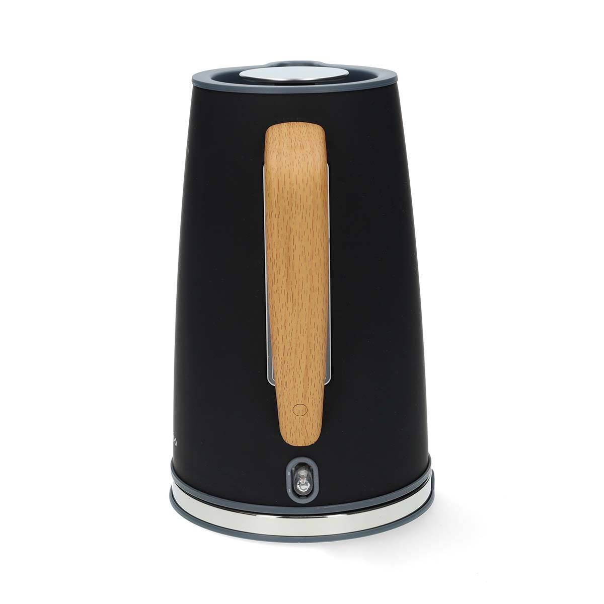 Czajnik elektryczny czarny z drewnianym uchwytem i srebrną pokrywą, na białym tle.