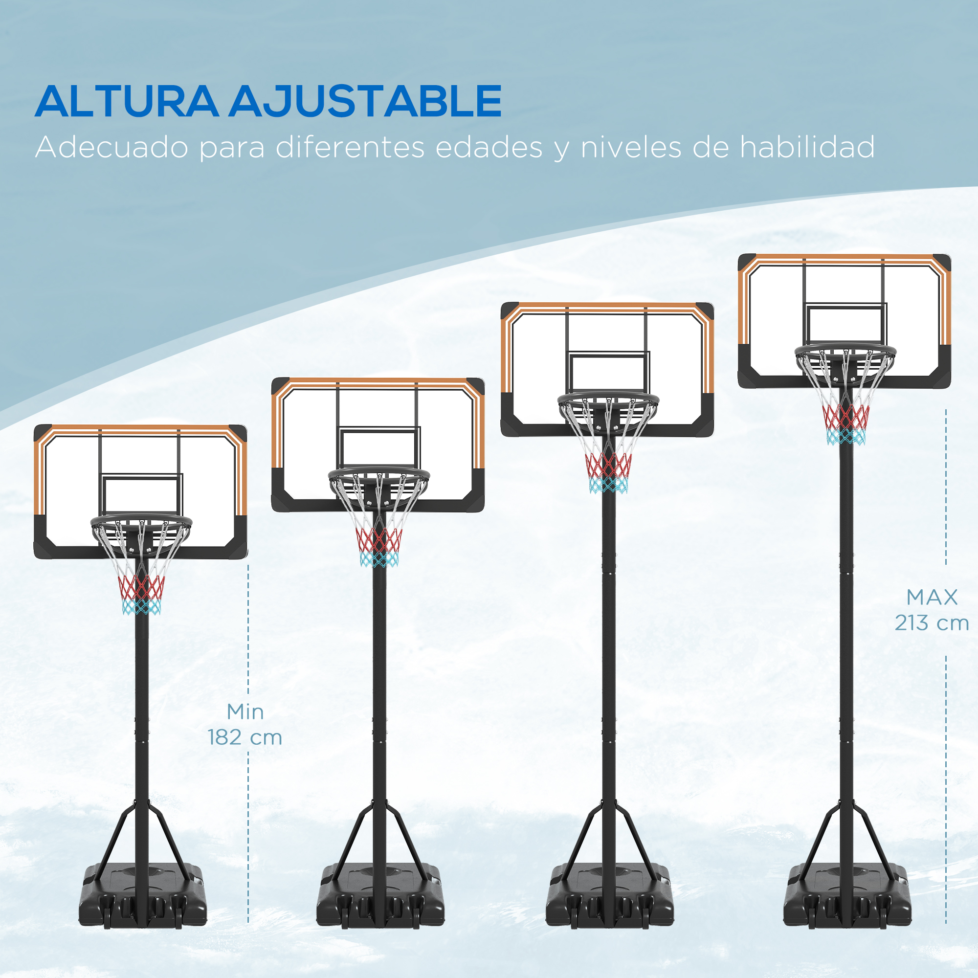 Cuatro canastas de baloncesto de diferentes alturas en soportes ajustables.