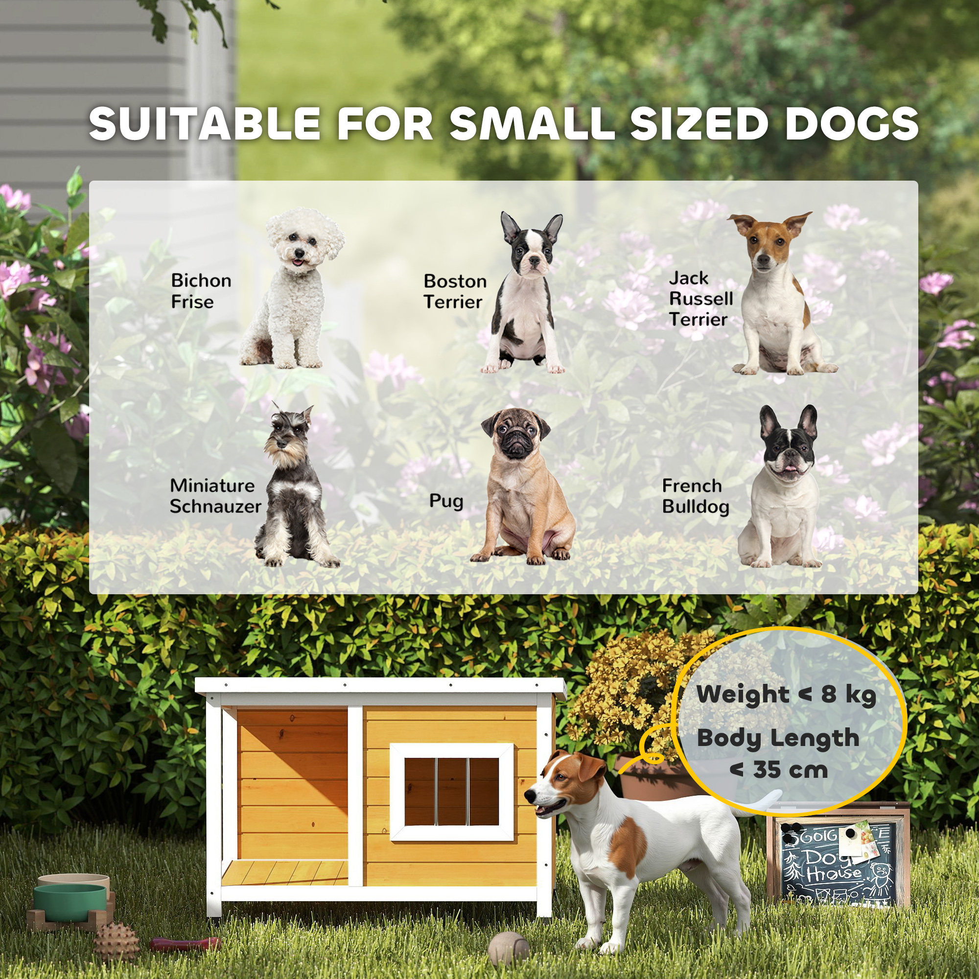 Ilustración de perros pequeños y una caseta para perros, apta para perros pequeños.