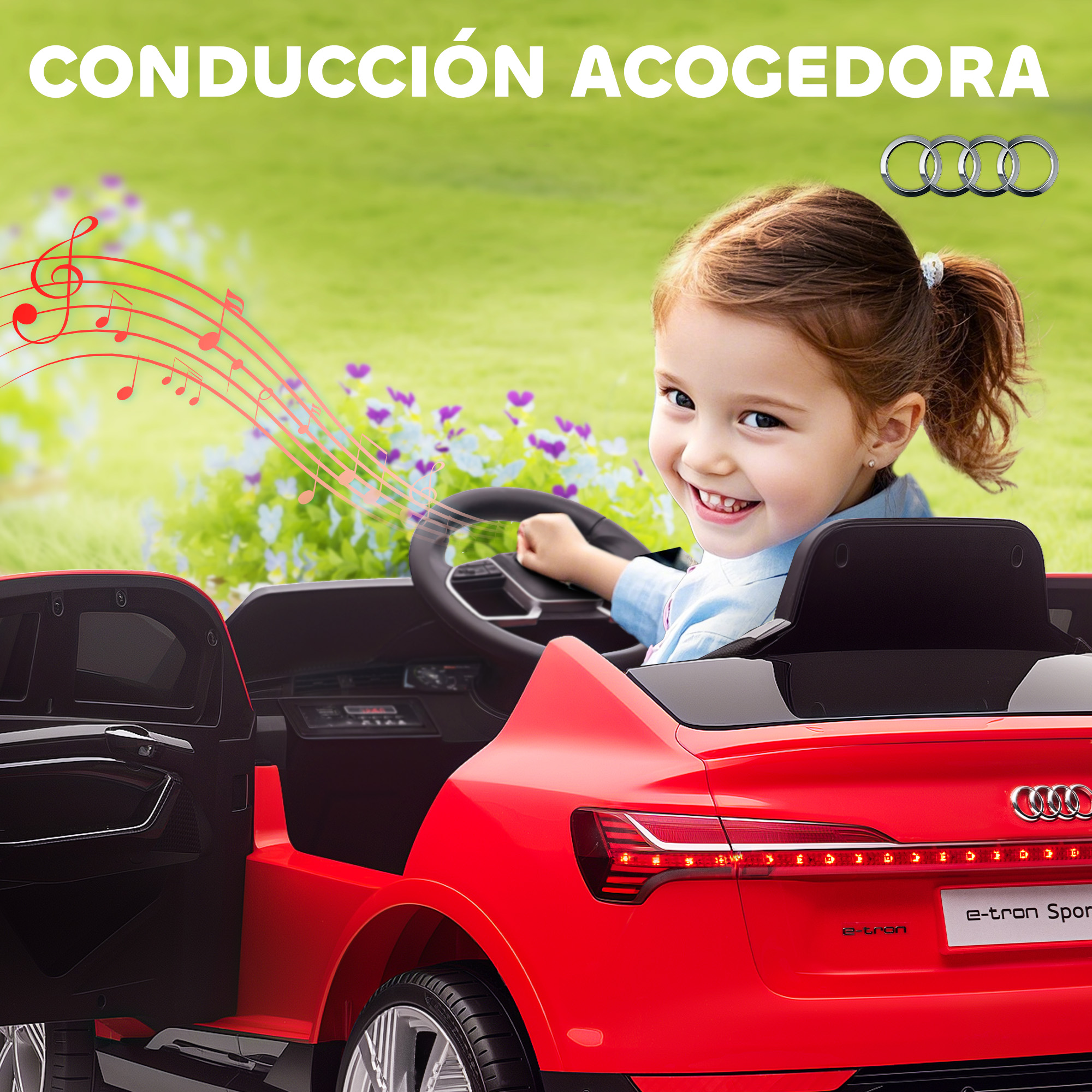 Una niña sonriente conduce un Audi e-tron de juguete rojo al aire libre, con notas musicales.