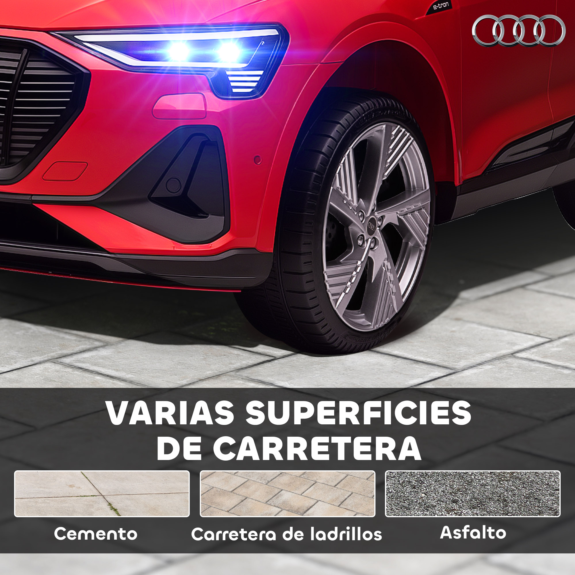 Un Audi rojo con faros brillantes y tres tipos de superficie vial.
