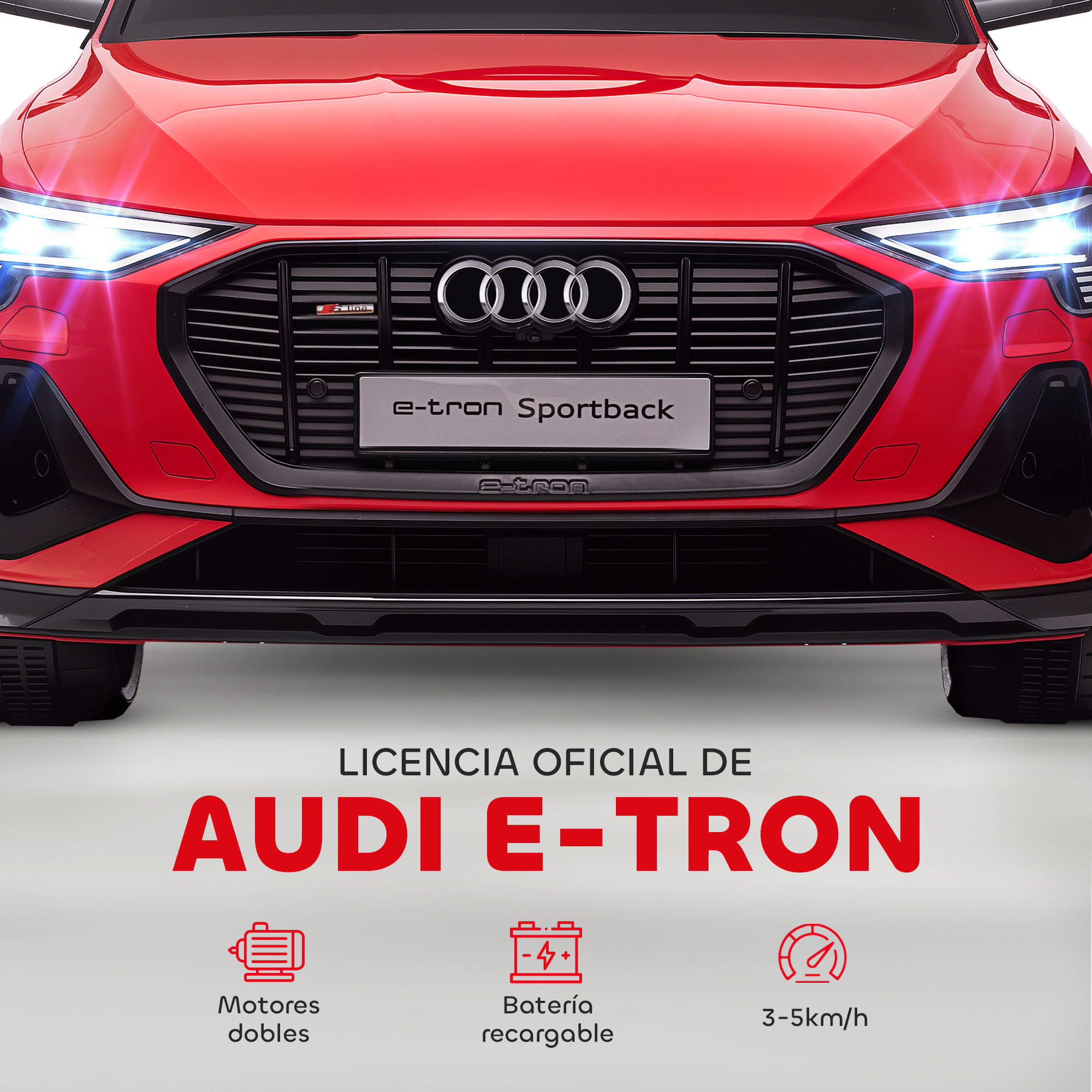 Audi e-tron rojo con insignias S line y e-tron Sportback. Motores dobles.