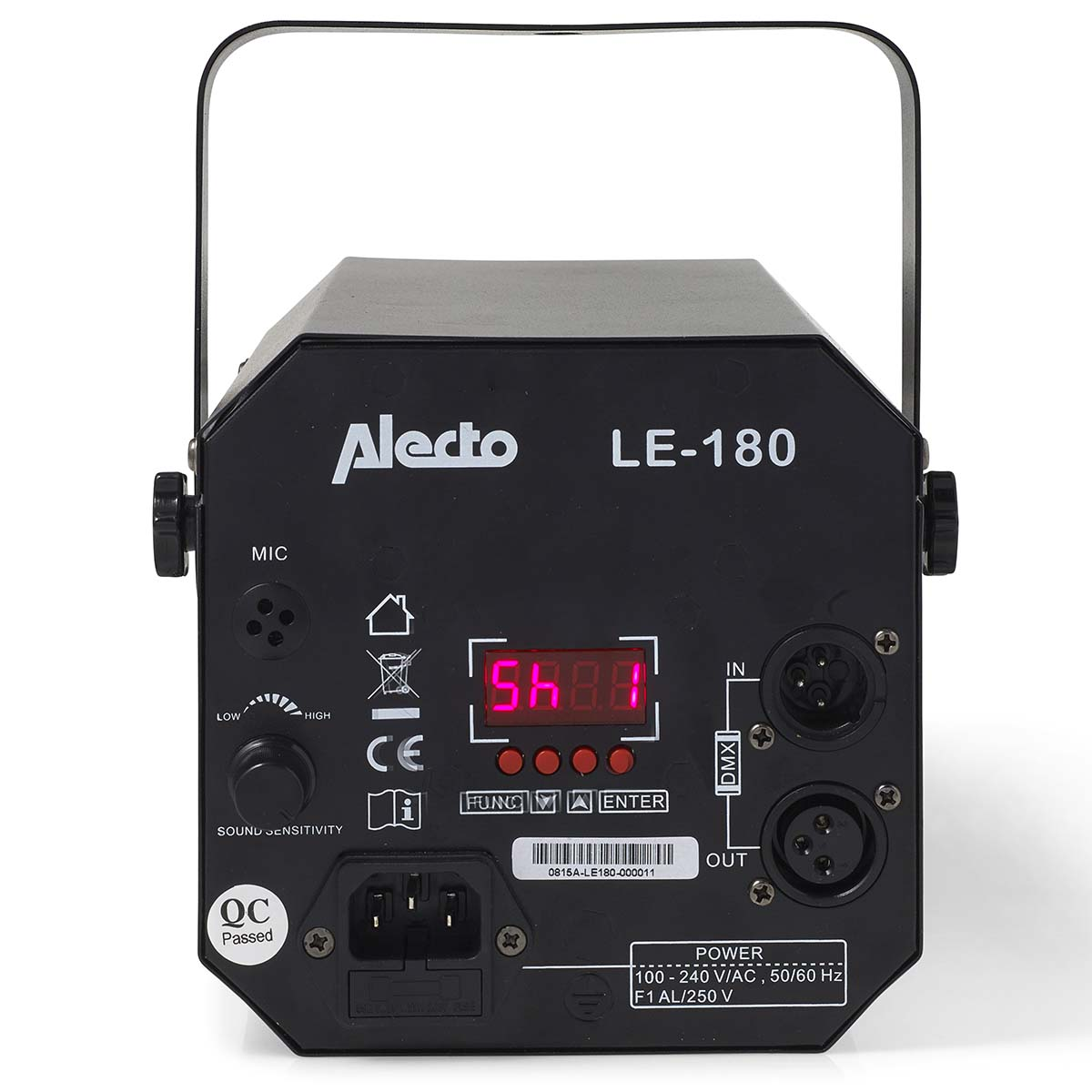 Zwart Alecto LE-180 lichtapparaat met microfoon, display en aansluitingen.