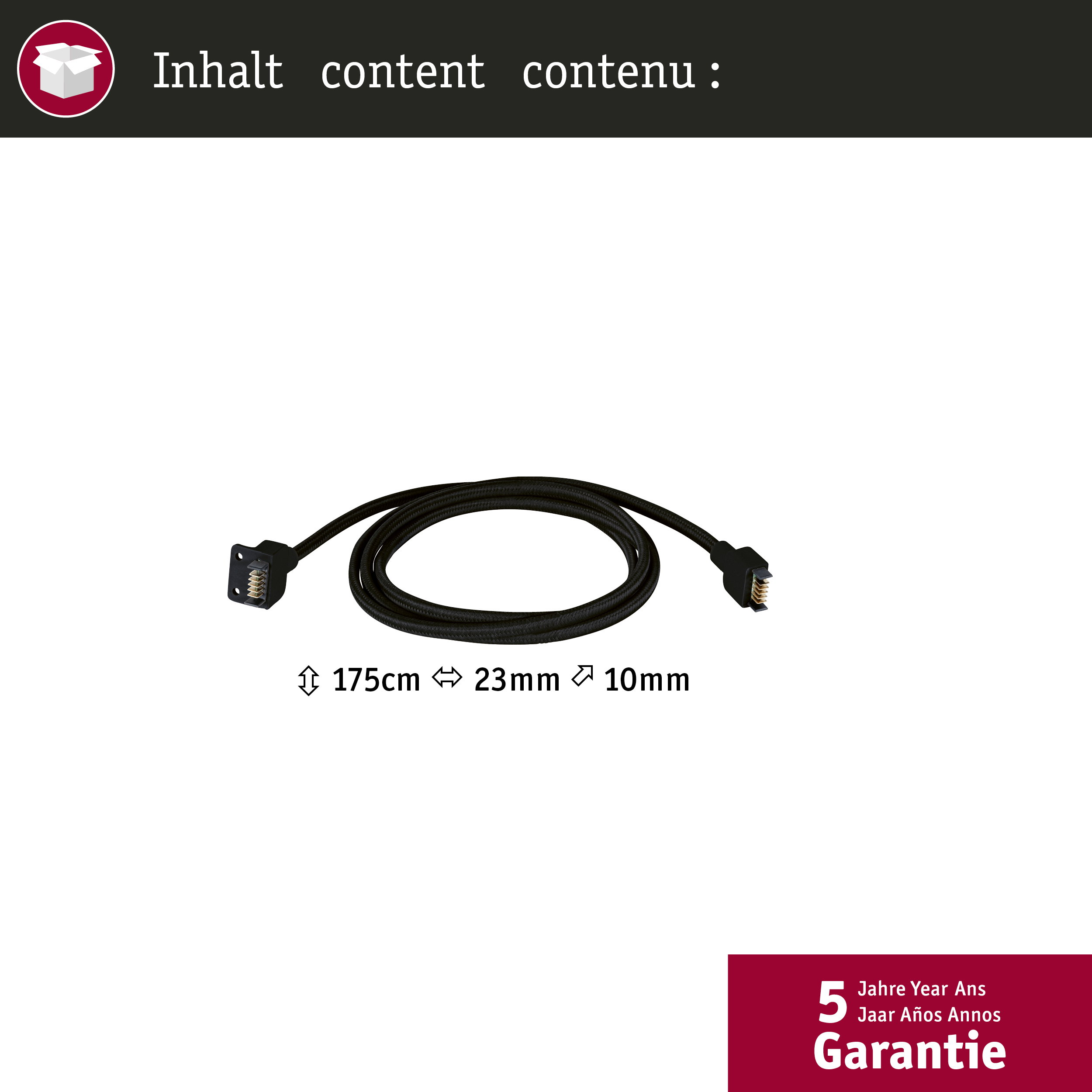 Schwarzes Kabel 175cm lang, 23mm breit, 10mm dick. 5 Jahre Garantie.