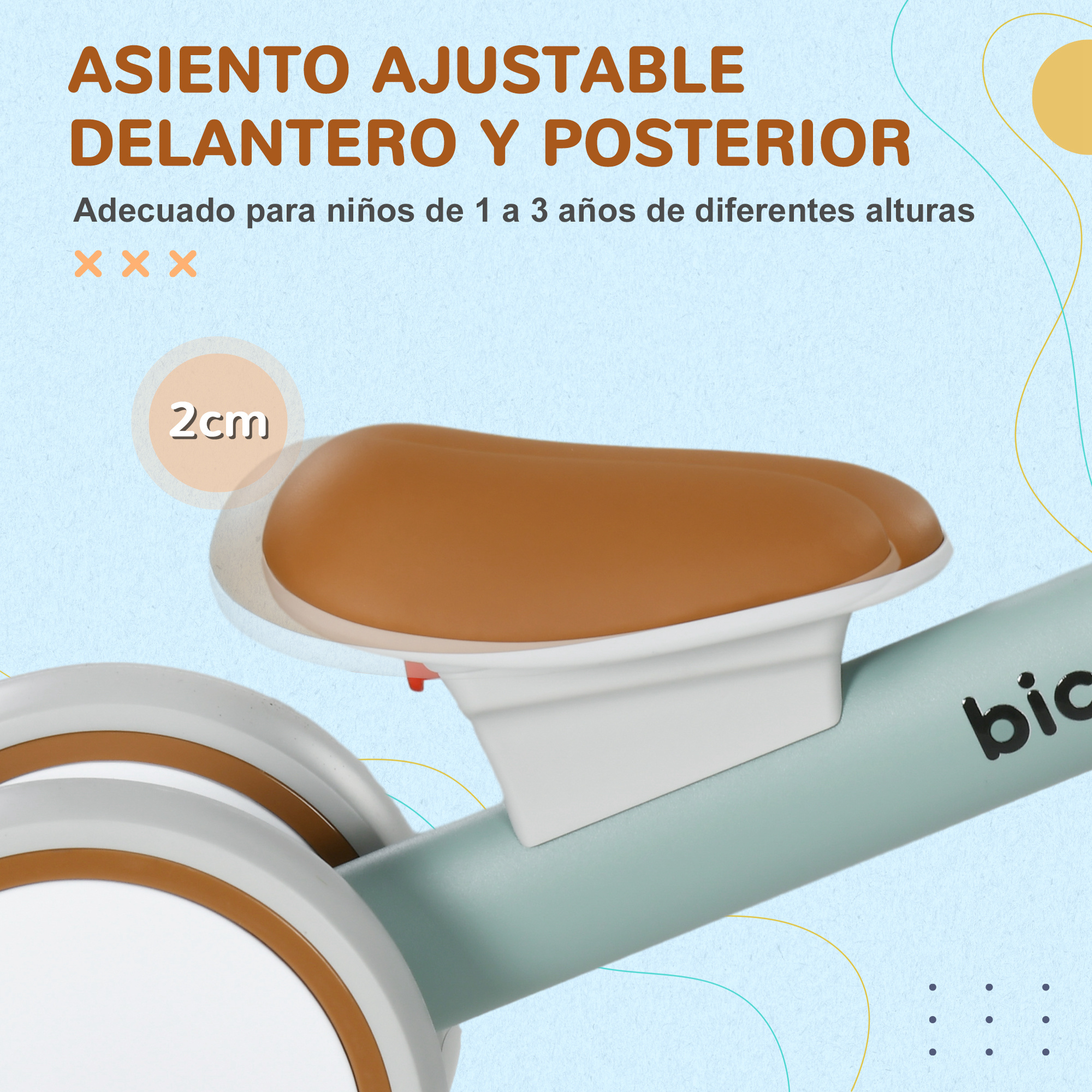 Asiento ajustable delantero y trasero, 2cm, para niños de 1-3 años.