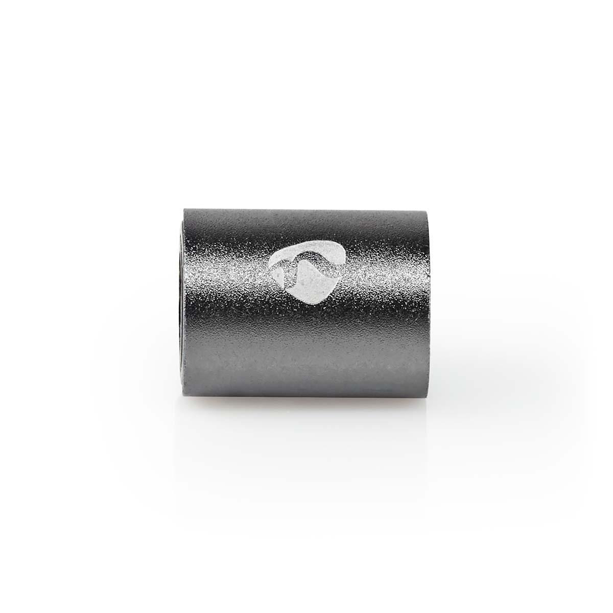 Ein grauer Metallzylinder mit einem hellen Logo auf weißem Hintergrund.