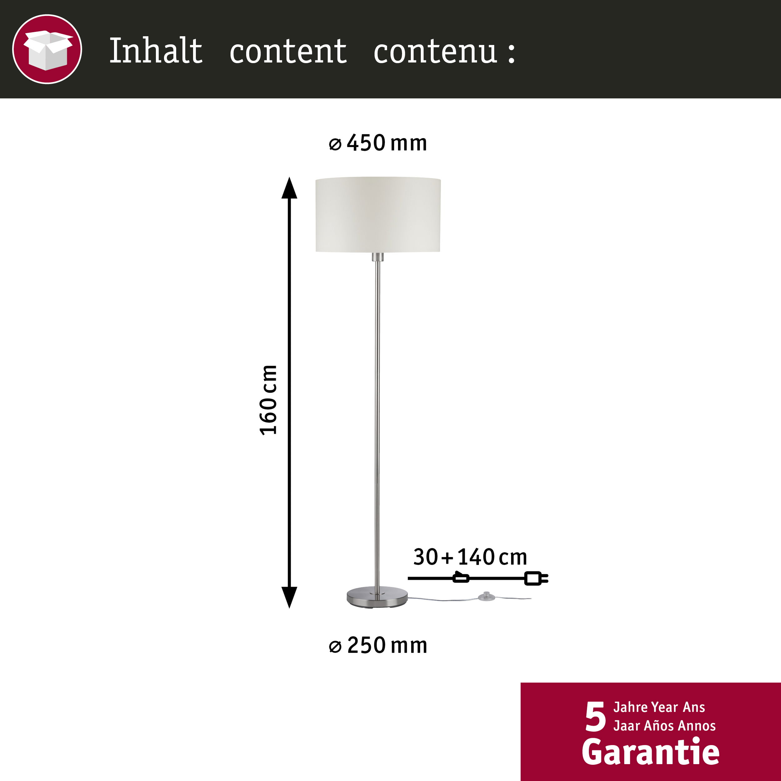 Eine Stehlampe mit weißem Schirm, 160cm hoch, 450mm Durchmesser.