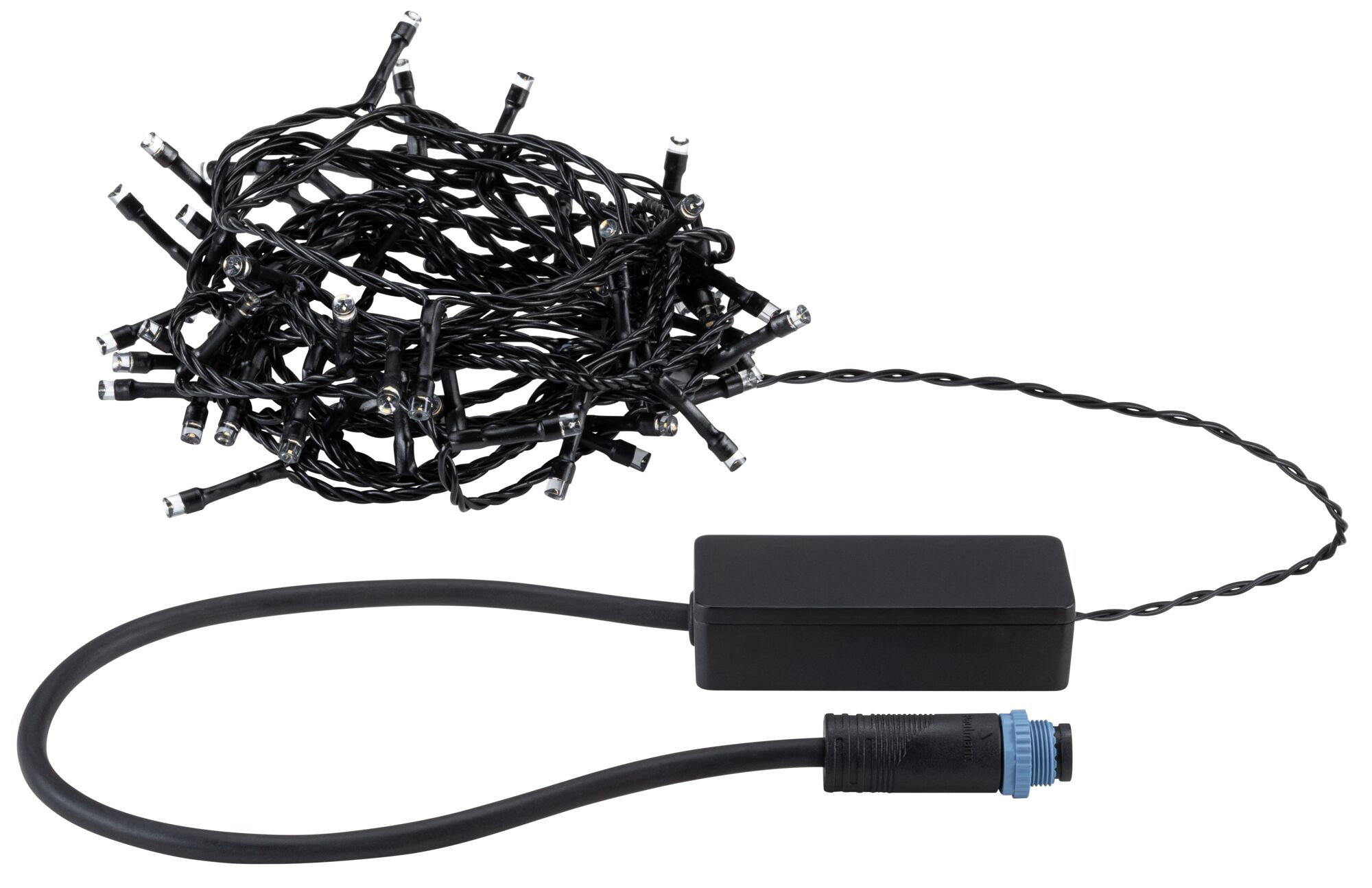 Ein verheddertes Kabel mit schwarzen LED-Lichtern, schwarzer Steuerbox und Stecker.