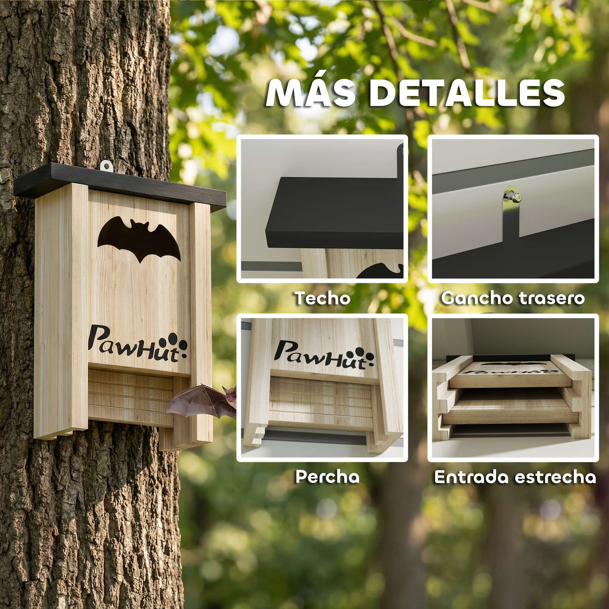 Casa de madera para murciélagos con silueta de murciélago unida a un árbol.
