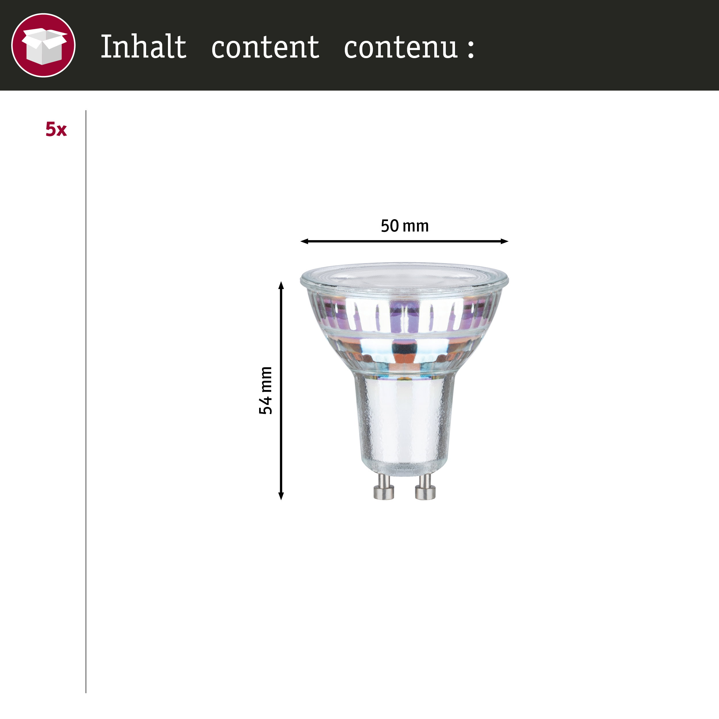 Eine GU10 LED-Lampe mit 54mm Höhe und 50mm Breite.