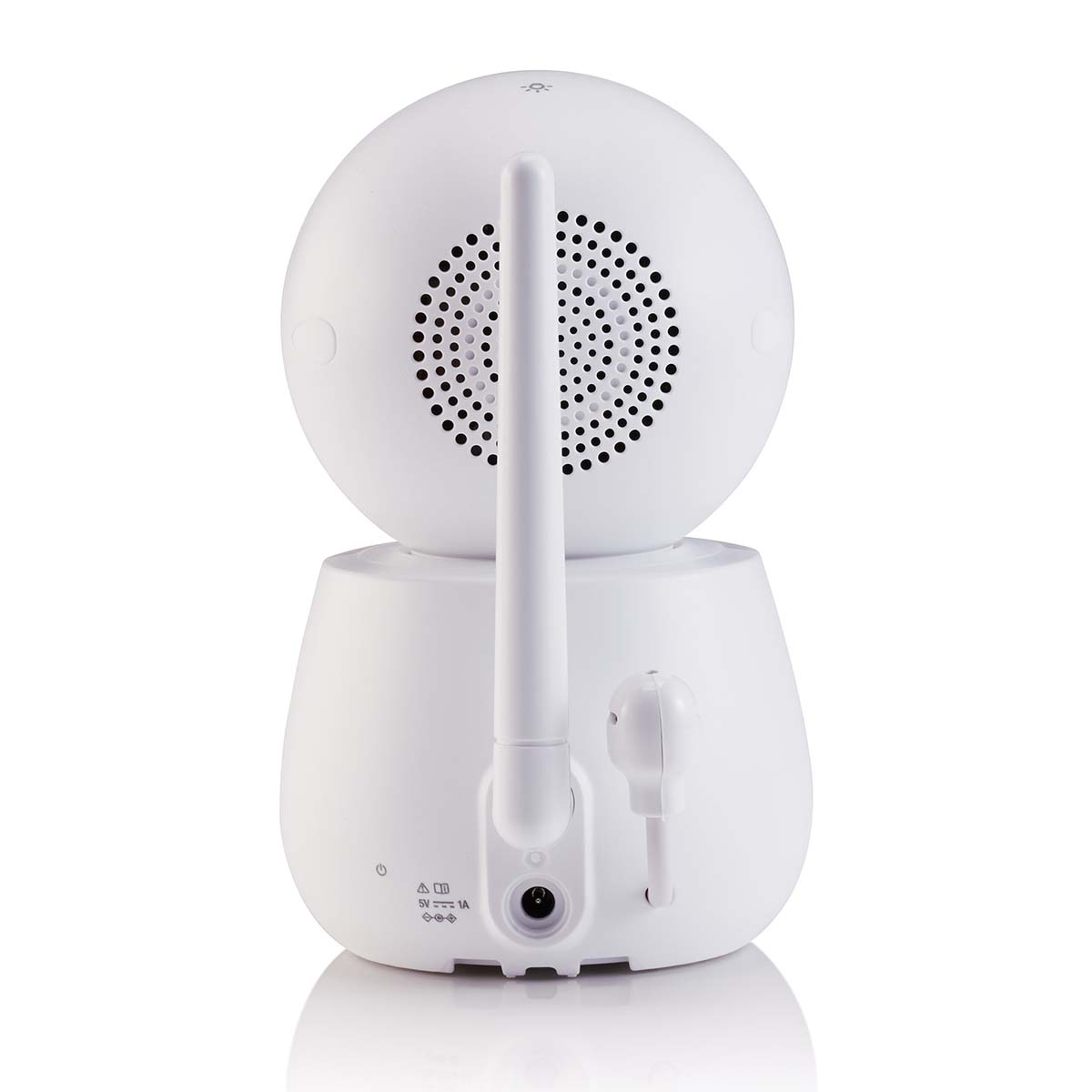 Weißer Baby Monitor mit Antenne und Lautsprecherlöchern. Stromeingang unten.
