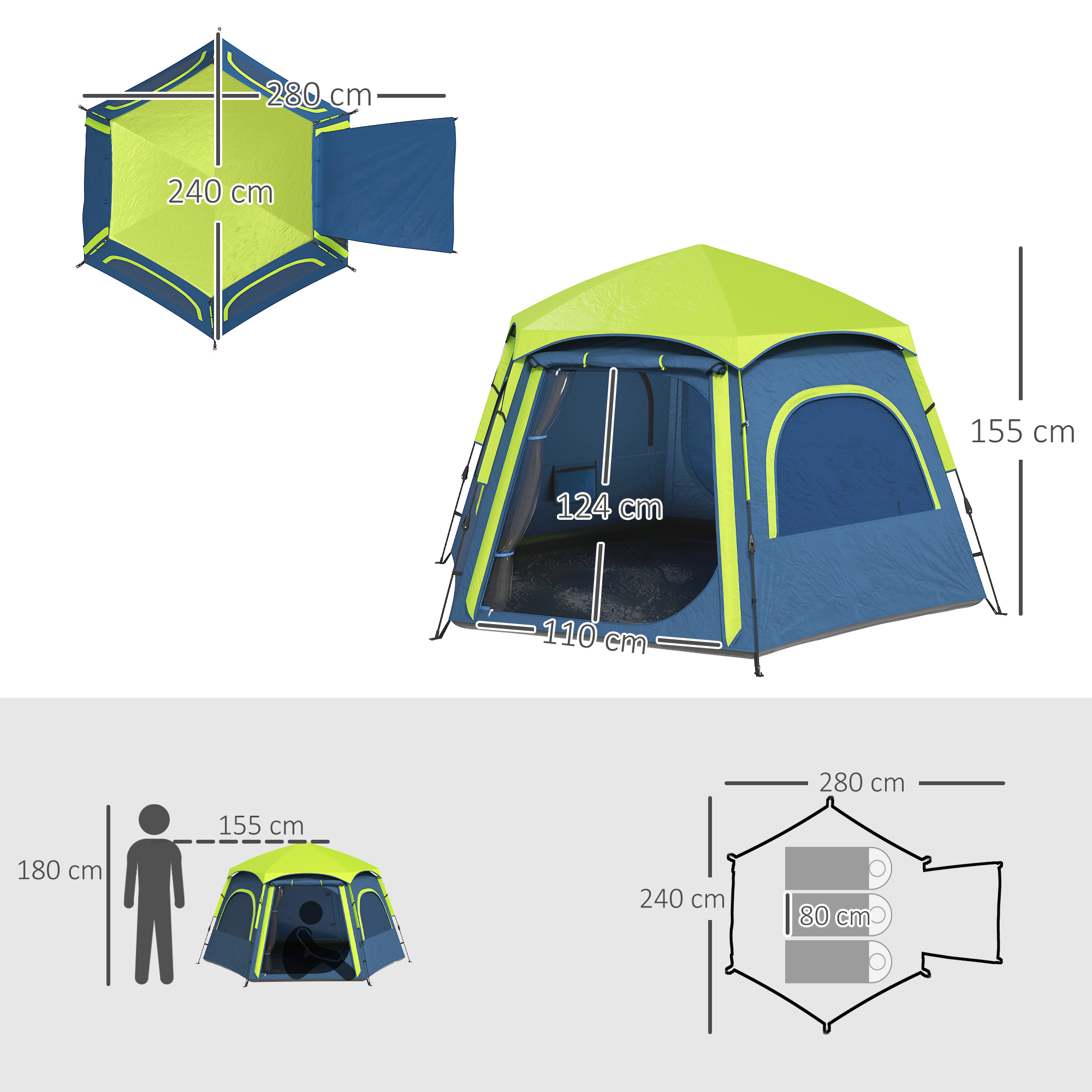Dimensiones tienda: 280x240 cm. Altura 155 cm. Altura interior 124 cm. Anchura interior 110 cm.