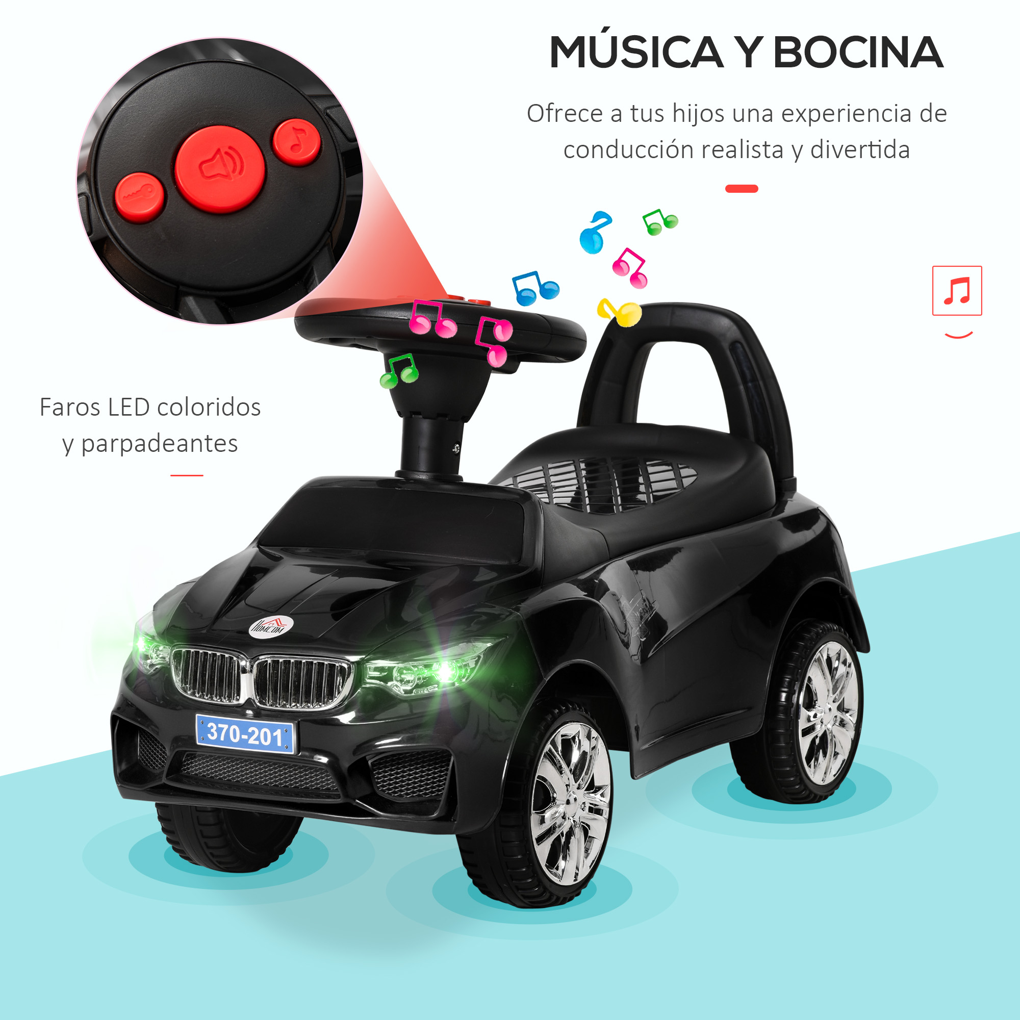 Coche negro para niños con faros LED y notas musicales.