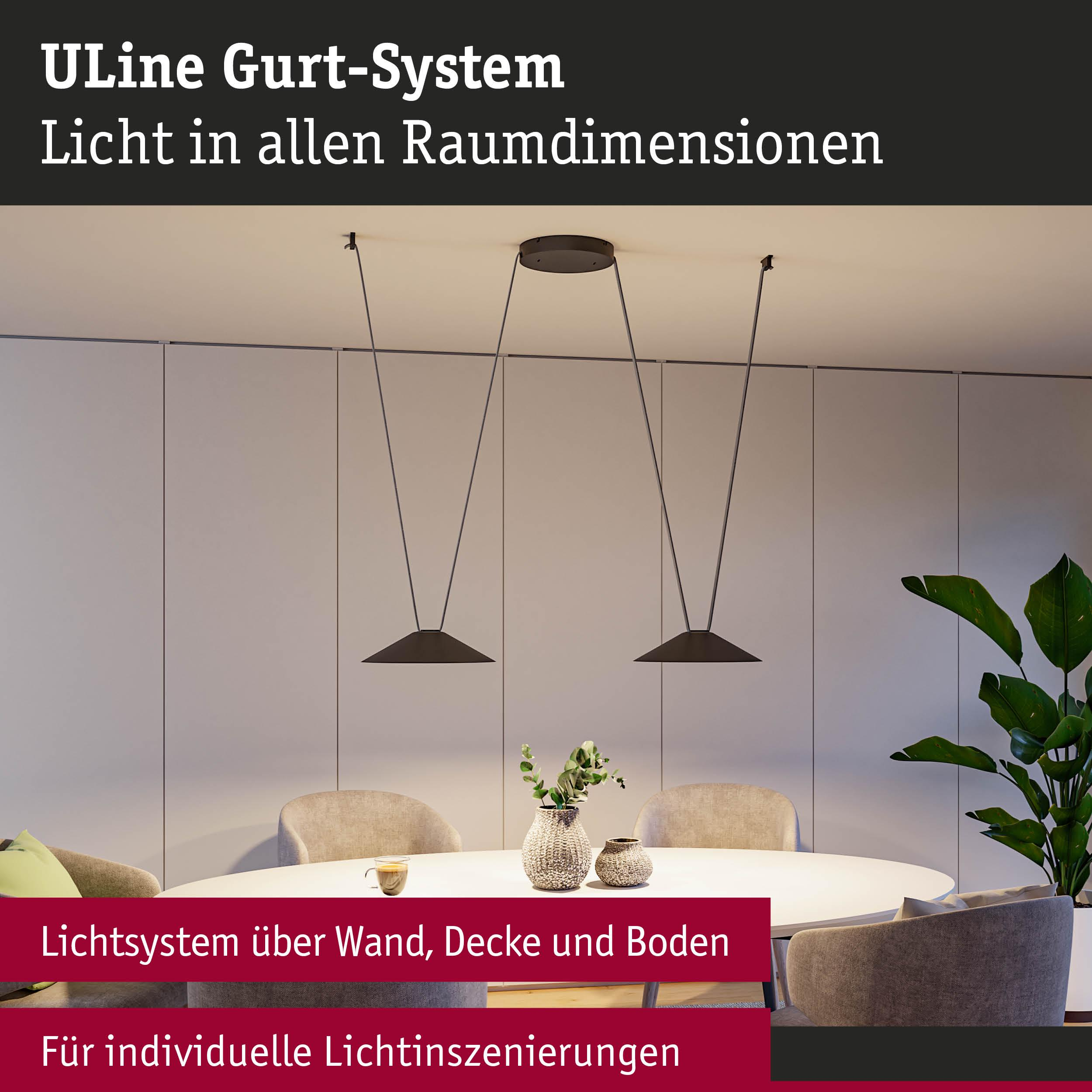 Modernes Esszimmer mit zwei schwebenden Pendelleuchten über einem ovalen Tisch.