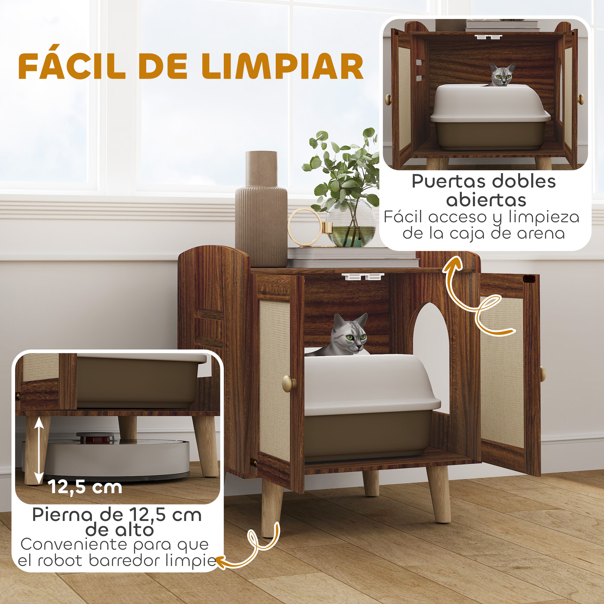 Armario de caja de arena para gatos de madera con puertas dobles y patas de 12.5cm.