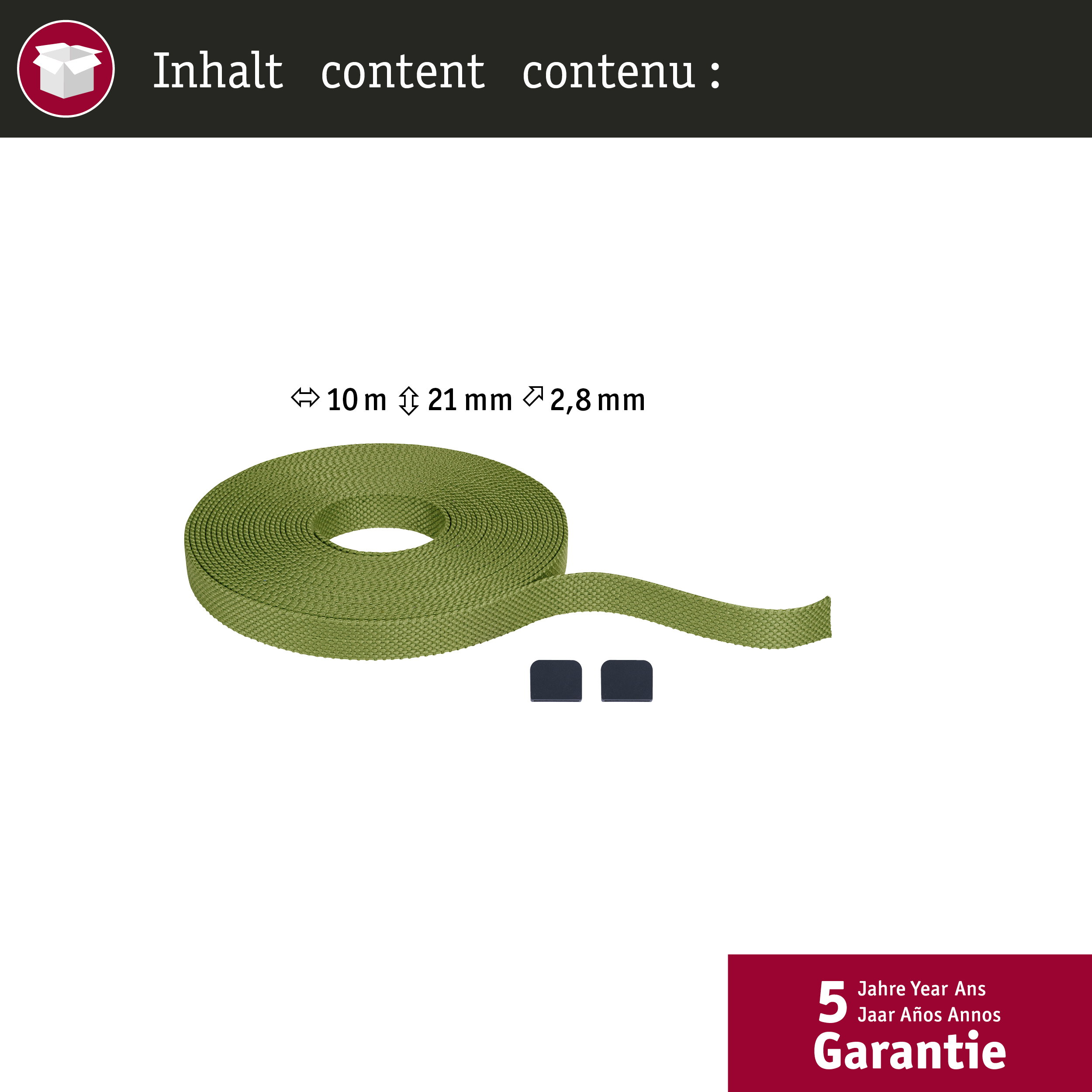 Zielona taśma, 10m długa, 21mm szeroka, 2.8mm gruba. Z dwoma czarnymi nakładkami.