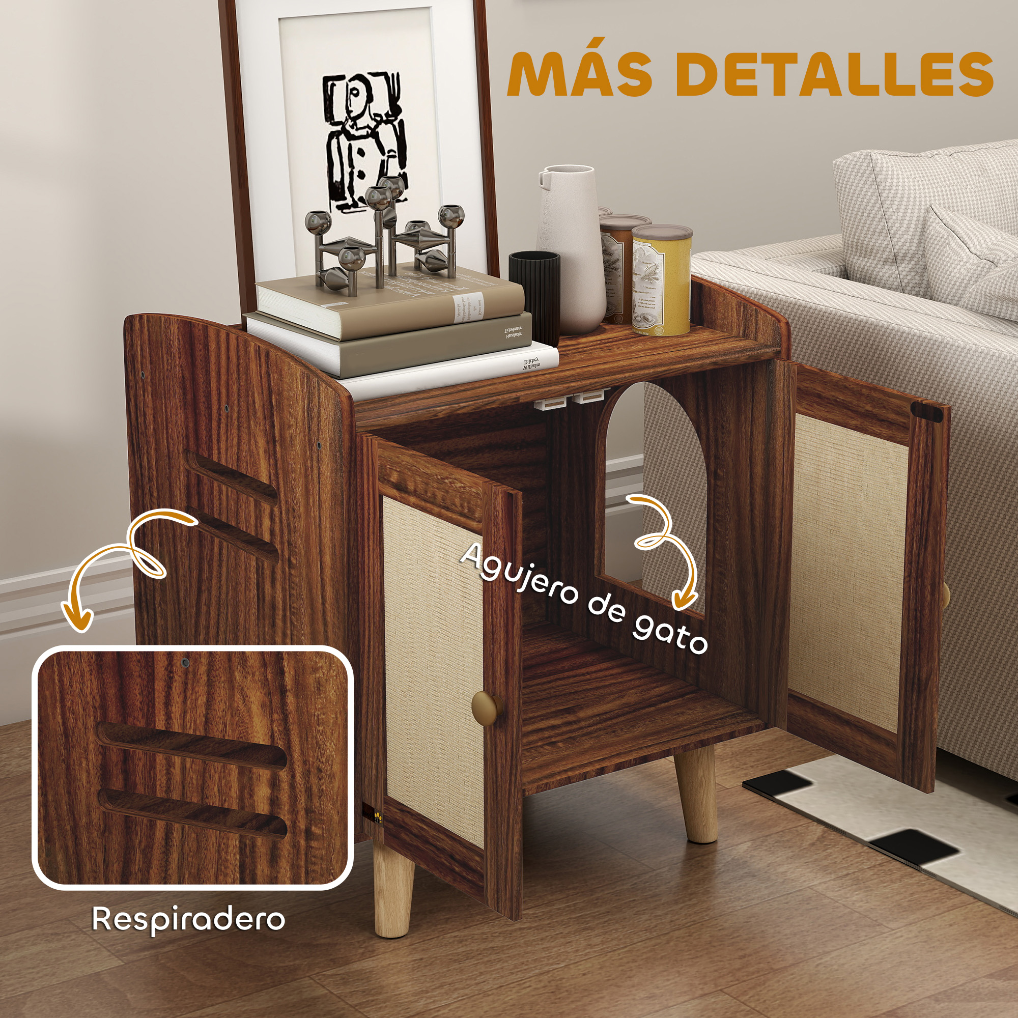 Un mueble de madera marrón con puertas, libros, jarrones y un agujero para gatos.