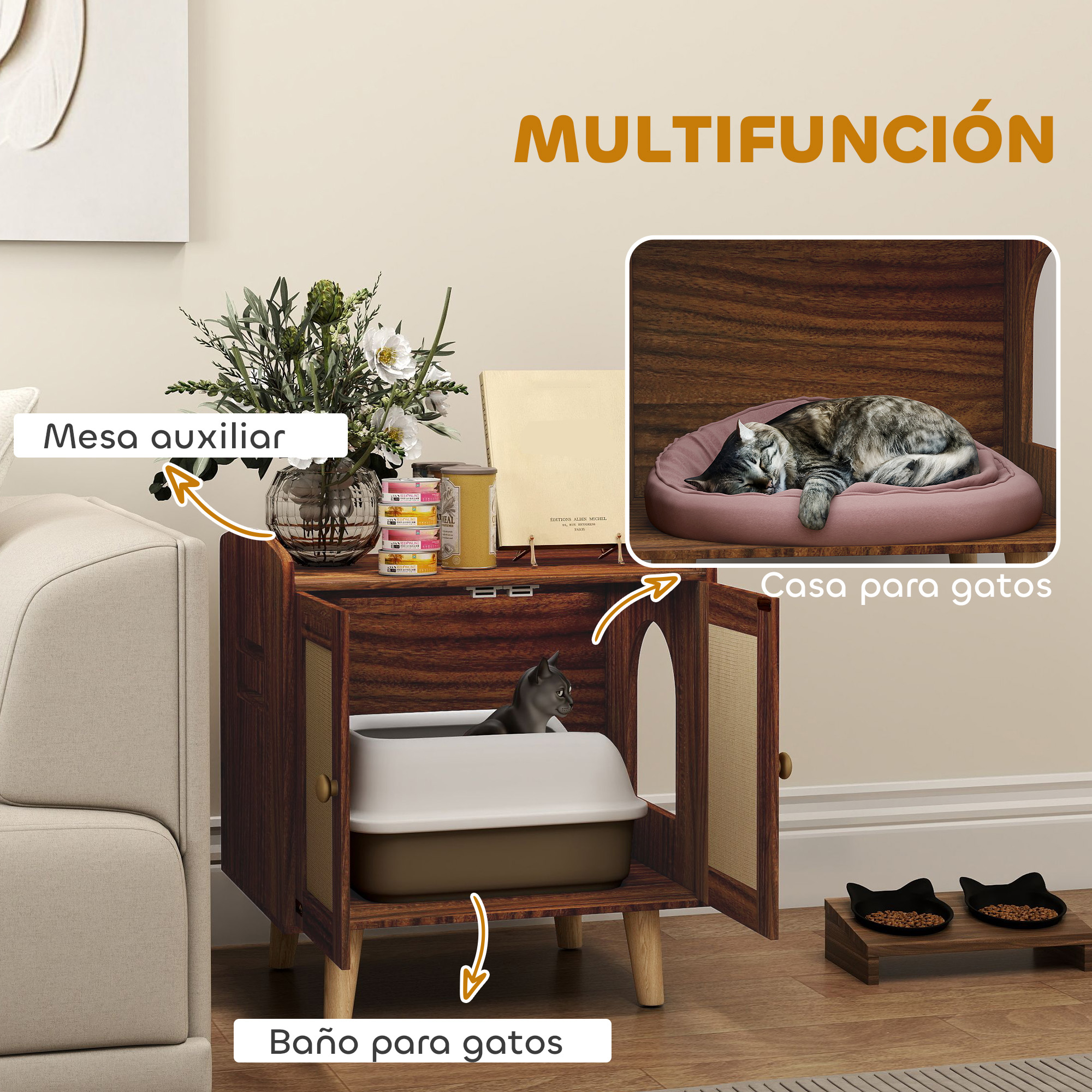 Un mueble multifuncional para gatos con arenero, cama y comederos.