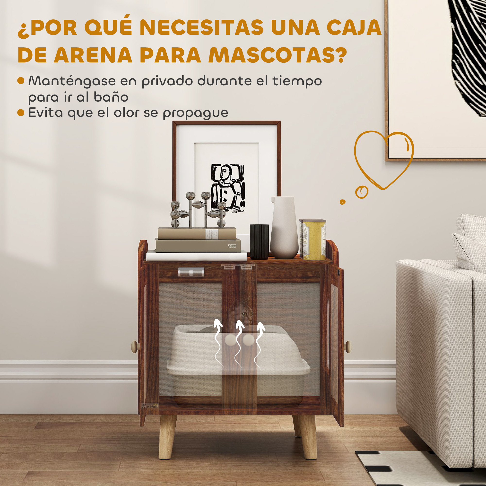 Un armario de madera para arenero con arenero dentro y flechas indicando ventilación.