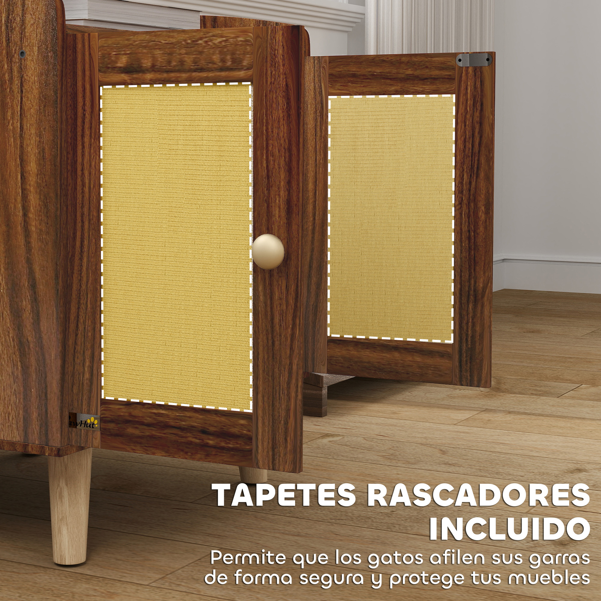 Armario de madera con alfombrillas rascadoras amarillas. Suelo de madera.